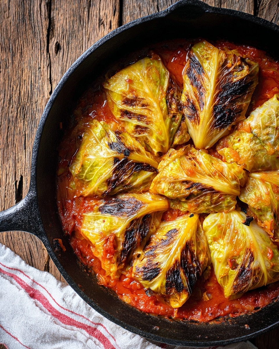 Inside a black cast iron pan, there are several cabbage rolls arranged in a circular pattern. Each roll shows a golden-yellow cabbage leaf with dark brown char marks on the outside. The cabbage rolls sit on a thick reddish-orange tomato sauce with visible small pieces of vegetables mixed in. The pan is placed on a rustic wooden surface. A corner of a white cloth with red stripes is slightly visible at the bottom edge of the image. Photo taken with an iphone --ar 4:5 --v 7