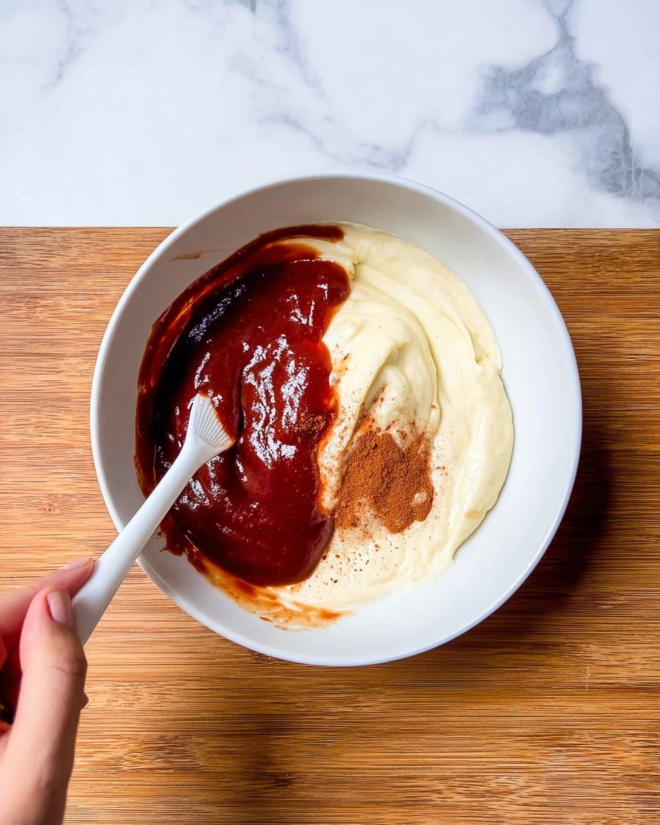 A white bowl holds three main layers. The bottom layer is a thick light cream with a smooth texture spread mostly on the right side of the bowl. On top of this, a deep red sauce with a shiny, thick texture is spread on the left side, slightly overlapping the cream. Beside the cream, there is a small sprinkle of reddish-brown powder and a pinch of very fine white powder. A woman's hand holds a white spatula, stirring the sauces together gently. The bowl sits on a white marbled surface. photo taken with an iphone --ar 4:5 --v 7