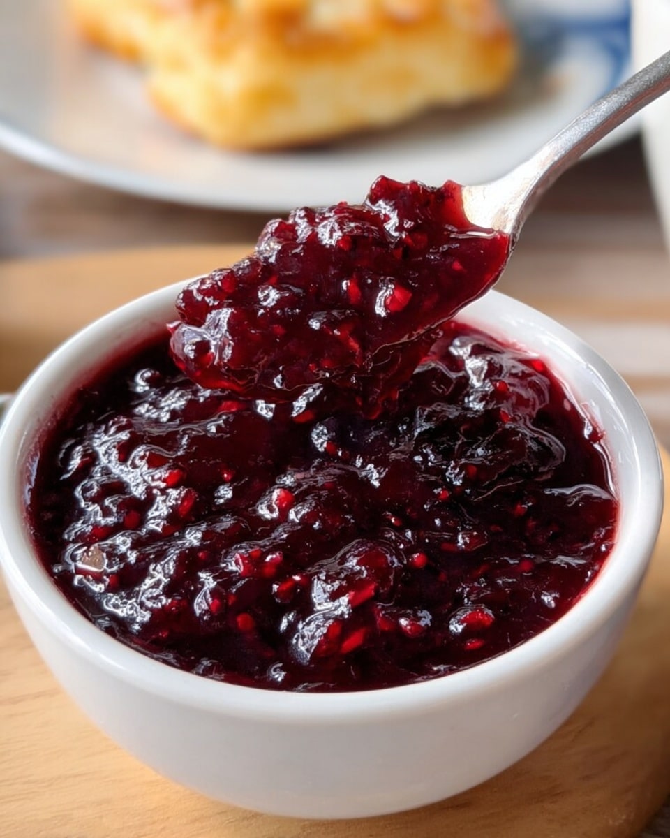 A close-up view of a small white bowl filled with thick, dark red jam that has a shiny, chunky texture with visible small pieces of fruit. A metal spoon inside the bowl lifts some of the jam, showing its sticky and rich consistency. The bowl rests on a light wooden surface, and in the blurred background, there is a white plate with some golden brown pastry visible. The scene is bright and natural, highlighting the glossy and textured surface of the jam. Photo taken with an iphone --ar 4:5 --v 7