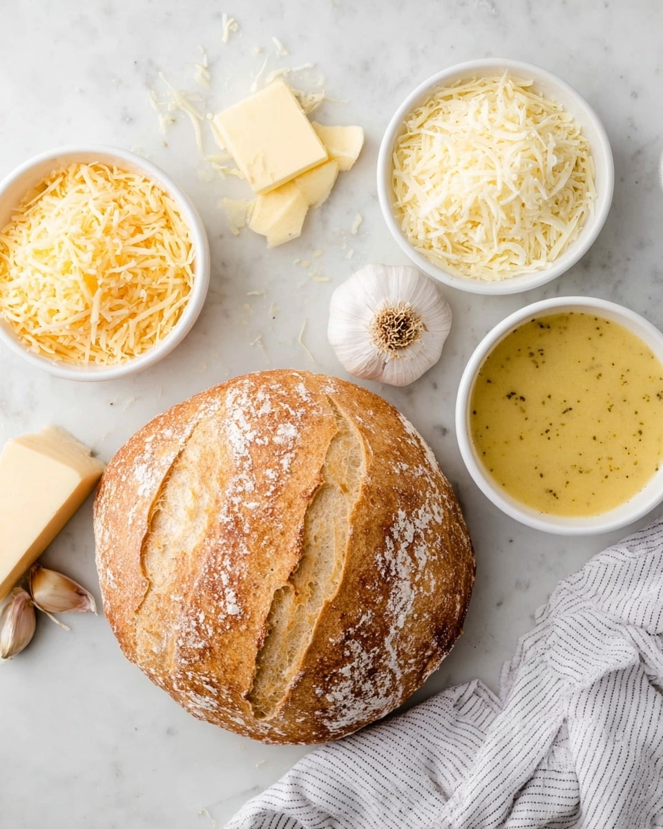 A golden round loaf of bread with a light dusting of flour and three deep slashes on top sits on a white marbled surface next to a full garlic bulb and a small piece of butter. Surrounding these are four white bowls: three filled with different shredded cheeses in shades of pale yellow to creamy beige, and one containing a smooth light yellow sauce with visible herbs. A white and gray striped cloth is partly visible in the bottom right corner. Photo taken with an iphone --ar 4:5 --v 7