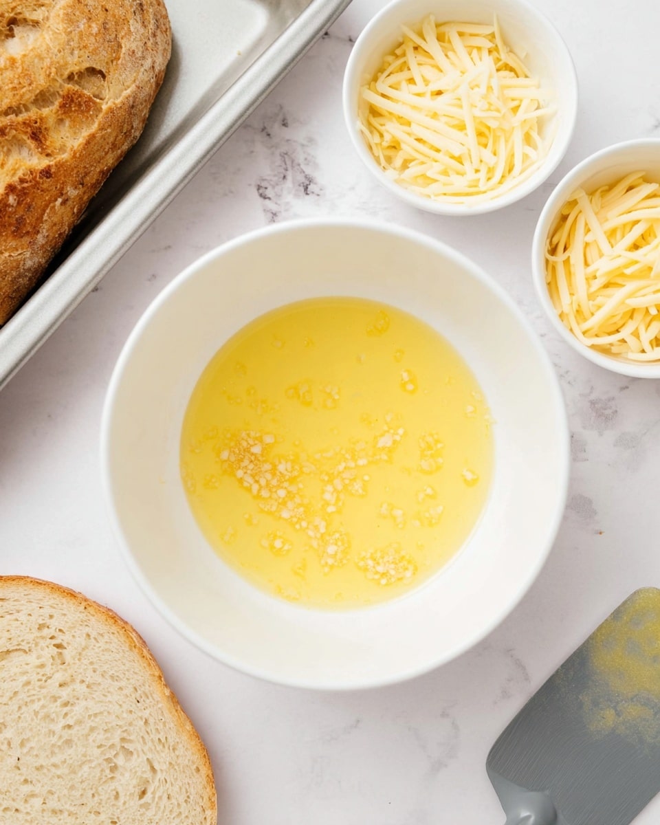 The image shows a white bowl in the center filled with a smooth, yellow melted butter mixture with some small bits of light garlic on one side. Around the bowl, there are three small white bowls, each holding different shredded cheese in light yellow and white shades. On the bottom left, part of a baking tray is visible holding a slice of light brown bread with a soft texture. A gray spatula with some melted butter on it lies on the white marbled surface near the bowl. Photo taken with an iphone --ar 4:5 --v 7