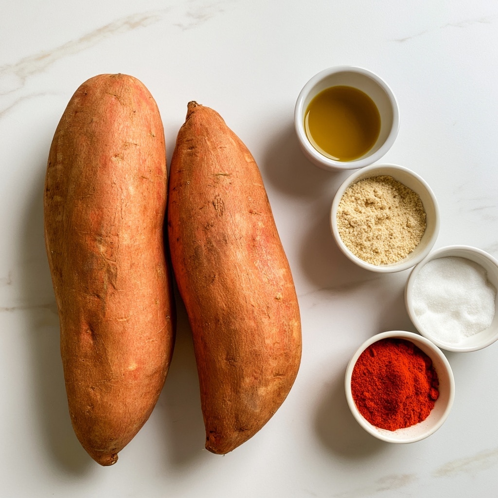 The image shows two large sweet potatoes placed side by side on a white marbled surface. Around them are four small white bowls arranged loosely on the right side: one cup has golden olive oil, one small bowl contains a light beige garlic powder, another white bowl holds white salt, and the last bowl has bright red smoked paprika. Each item is labeled with simple black text on white tags above them. The layout is flat and clearly shows each ingredient against the smooth white marbled background, photo taken with an iphone --ar 4:5 --v 7
