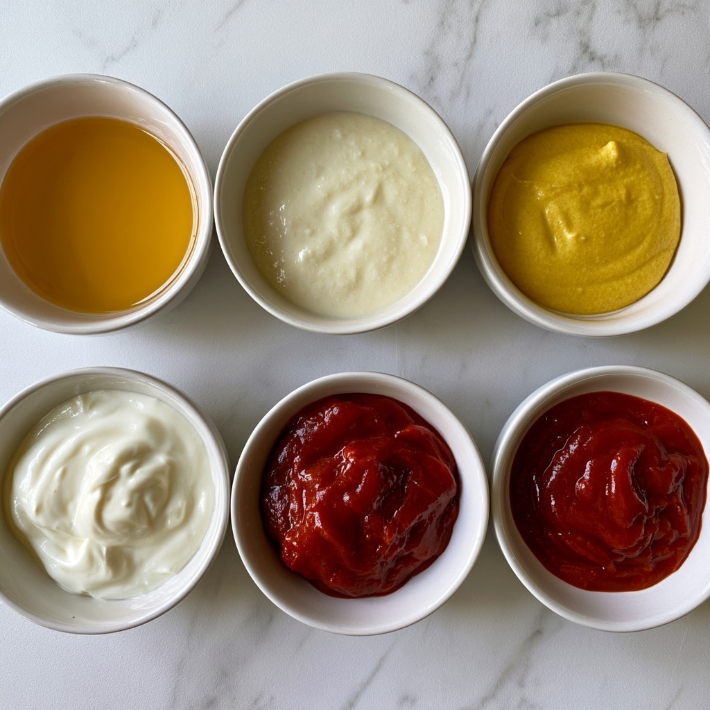 Six small white bowls are arranged on a white marbled surface. The top row has a bowl with light yellow liquid labeled