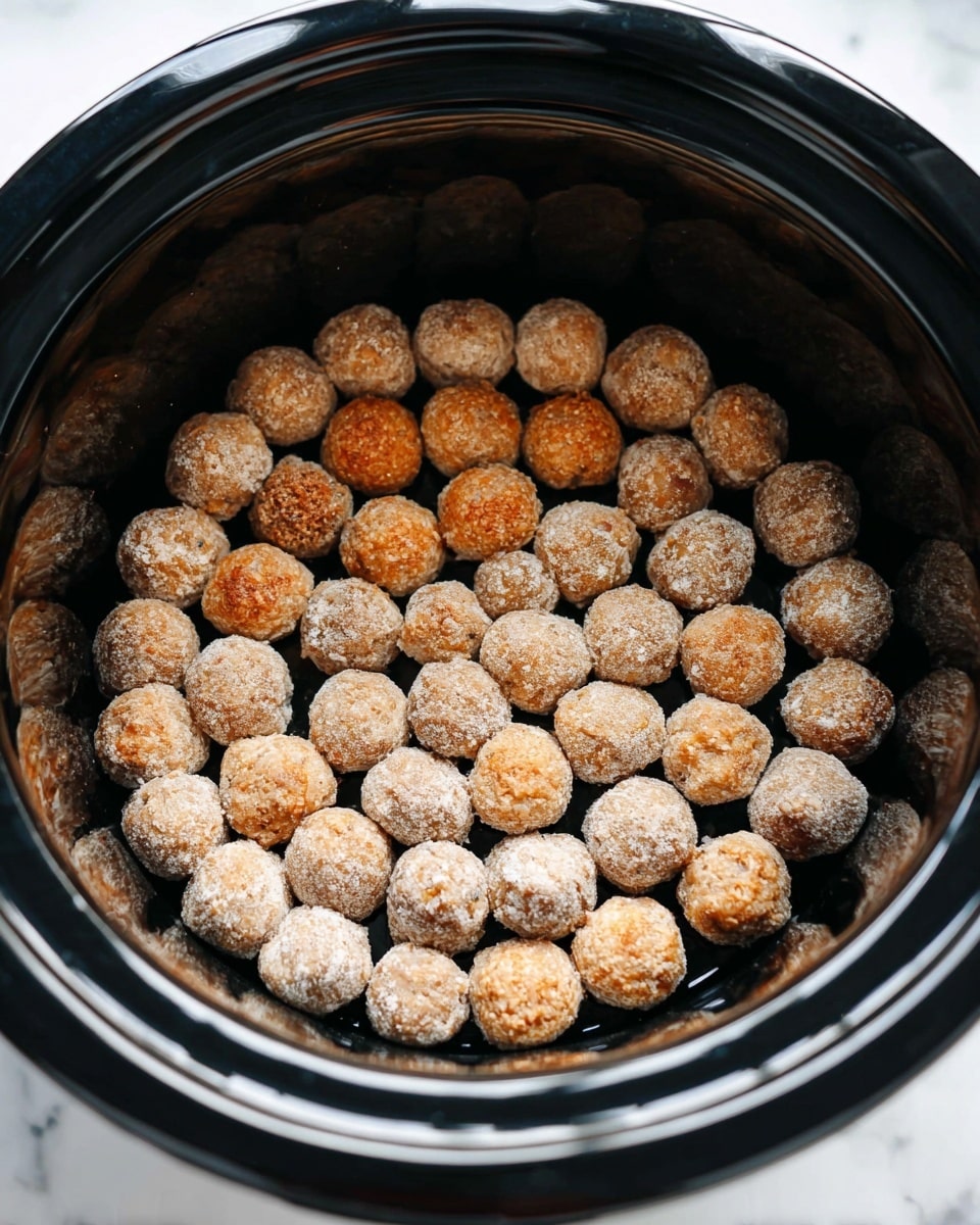 Inside a black slow cooker, about 40 small round meatballs are arranged in neat rows, covering the bottom surface evenly; each meatball has a golden brown crust with a light dusting of flour giving a slightly rough texture. The meatballs vary slightly in color from warm brown to beige, highlighting their cooked edges and soft interior. The slow cooker has shiny black sides with reflections of the meatballs, set against a clean white marbled texture background. Photo taken with an iphone --ar 4:5 --v 7