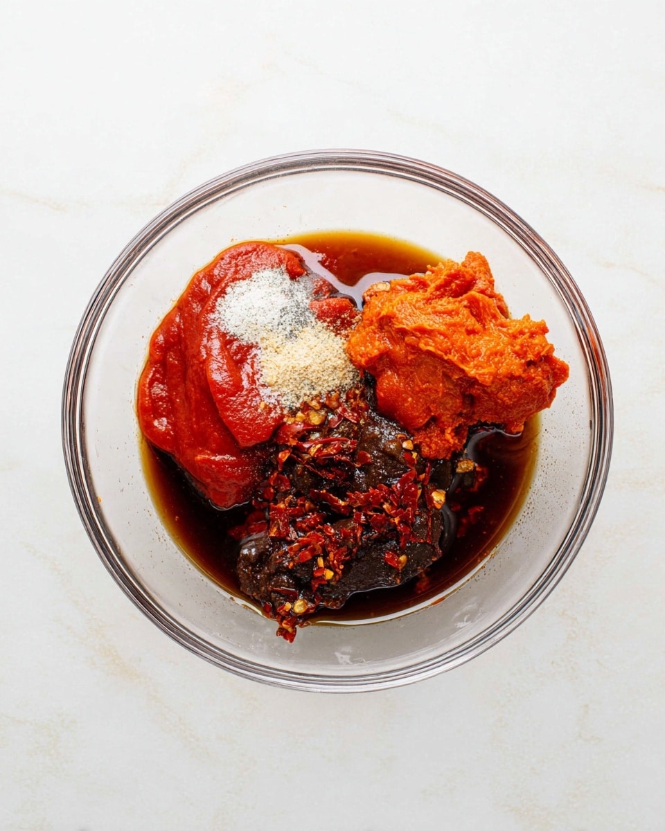 The image shows a clear glass bowl with four main ingredients inside, sitting on a white marbled surface. At the bottom of the bowl is a dark brown liquid, slightly shiny, making a base layer. On the top left, there is a thick, smooth red sauce with a sprinkle of white powder and some black specks on it. To the top right, there is an orange chunky paste that looks sticky and textured. At the bottom left, there is a thick dark brown paste with bits of red chili flakes visible, giving it a rough texture. The ingredients sit close together but not mixed. Photo taken with an iphone --ar 4:5 --v 7