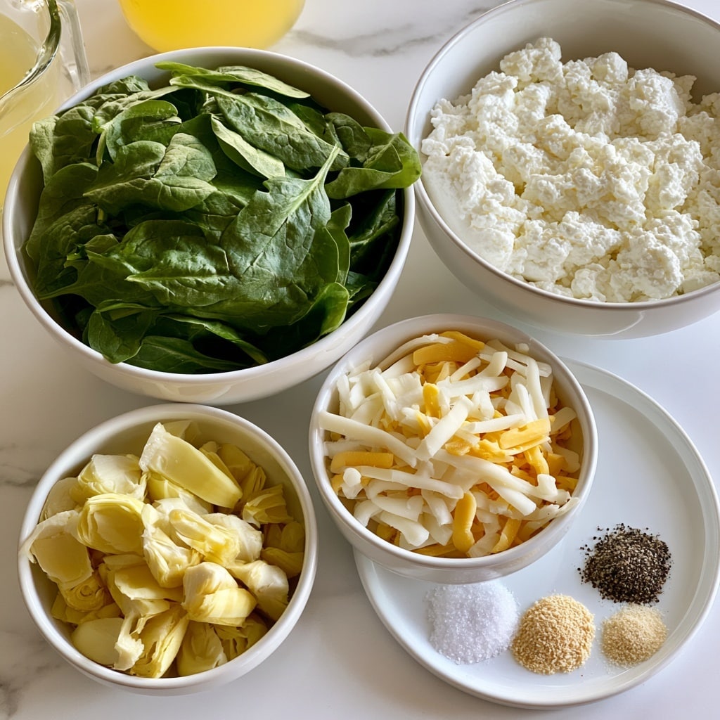 The image shows several white bowls and a white plate arranged on a white marbled surface. One larger white bowl contains fresh green spinach leaves, another smaller white bowl holds chopped artichoke pieces in a pale yellow color, while two more smaller white bowls contain shredded white and yellow cheeses. A separate white bowl holds white cottage cheese with a creamy texture. On a white plate, there are small piles of different seasonings, including white salt, black pepper, light brown garlic powder, and a finer beige powder next to it. In the top left, there is a clear measuring cup filled with yellow liquid, likely juice. photo taken with an iphone --ar 4:5 --v 7