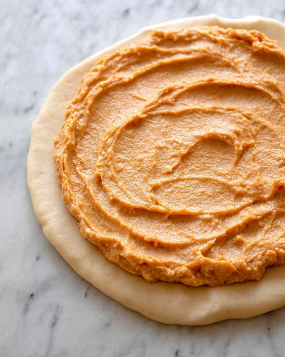 A close-up view of a thin, light beige dough laid flat on a white marbled surface, spread with an even but slightly textured layer of orange filling that has a smooth yet slightly chunky appearance. The orange filling covers most of the dough, leaving a small border around the edges. The dough has soft folds around the outer rim, and the filling shows gentle curved patterns as if spread with a tool. photo taken with an iphone --ar 4:5 --v 7
