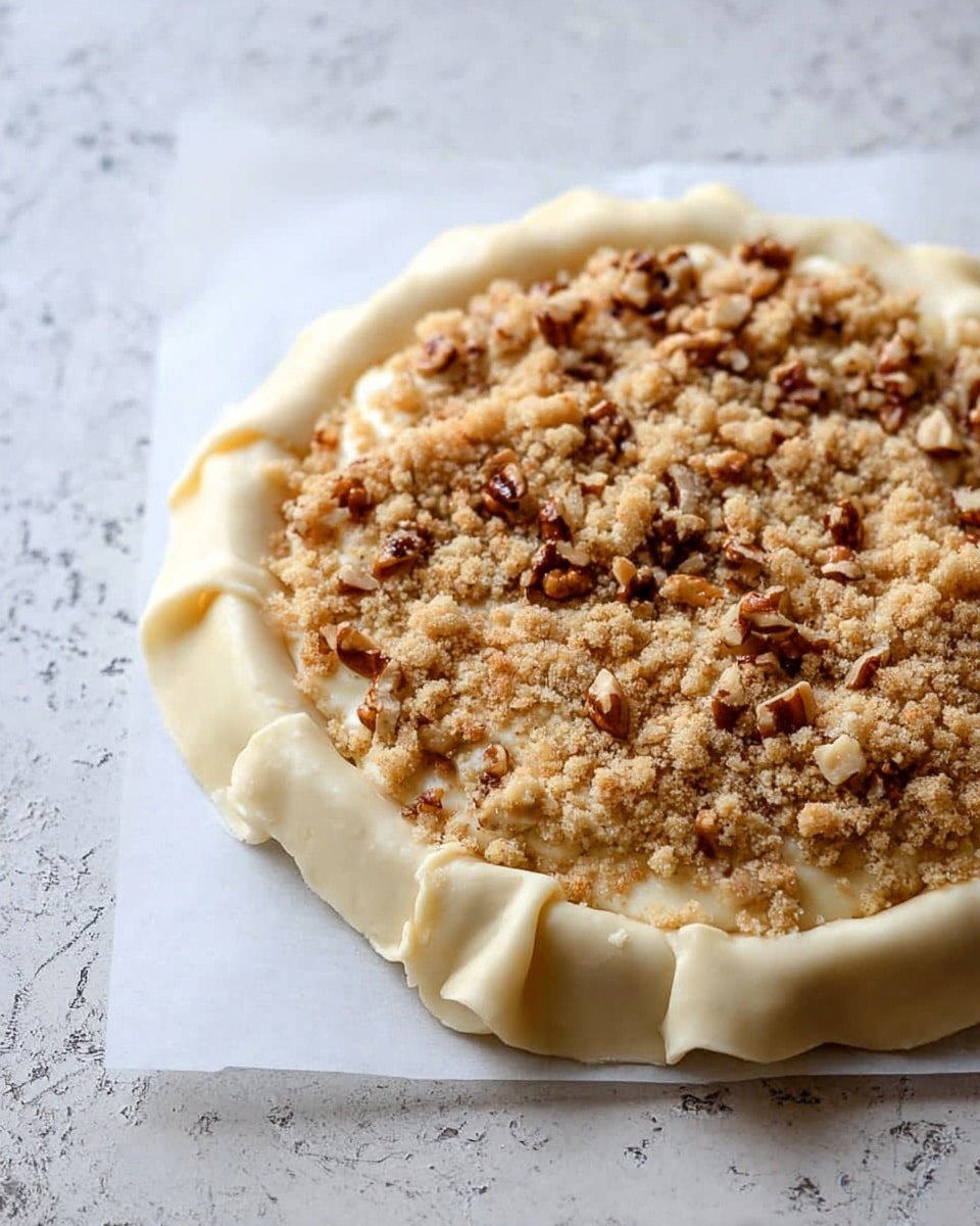 A round pie with a thick, pale dough crust folded over the edges, creating a ruffled border around the filling. The filling is a crumbly layer with small crushed pieces and larger chunks of brown nuts scattered evenly on top. The pie sits on white parchment paper placed on a surface with a white marbled texture. The overall colors are light with soft beige and brown tones. photo taken with an iphone --ar 4:5 --v 7