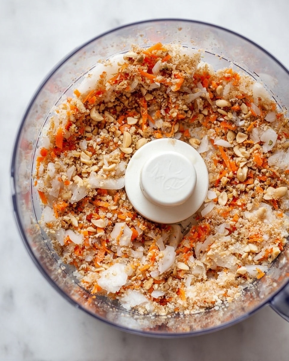 A clear food processor bowl filled with finely chopped ingredients in one layer, showing small pieces of white onions, orange carrots, and light beige nuts or grains mixed together. The mixture is evenly spread inside the bowl, with the white plastic blade holder at the center. The bowl is placed on a white marbled surface, and light reflects softly off the transparent sides of the processor, giving the whole image a clean and fresh look. Photo taken with an iphone --ar 4:5 --v 7