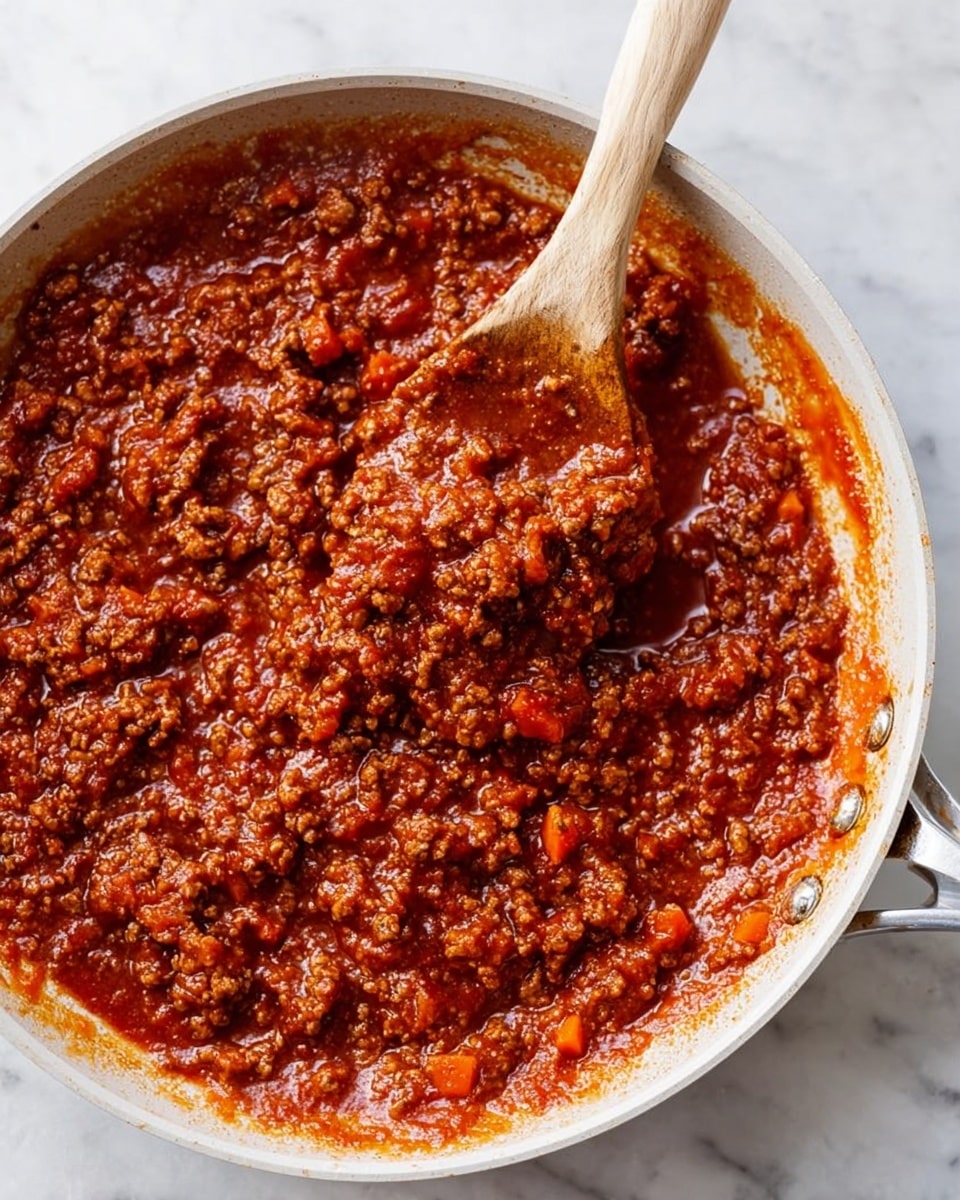 The image shows a white frying pan filled with a thick, chunky red-brown sauce made from finely ground meat and diced tomatoes, with bits of carrot visible in the mixture. A wooden spoon is inside the pan, lifting some sauce and showing its dense, slightly textured surface. The sauce has a rich, hearty look with a glossy shine. The white pan rests on a white marbled surface. photo taken with an iphone --ar 4:5 --v 7