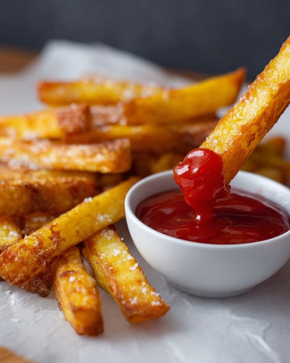 A close-up image shows several thick, golden-brown crispy fries with a crunchy texture, sprinkled lightly with salt, arranged loosely on a white marbled surface covered by white parchment paper. In front of the fries is a small, white bowl filled with smooth, bright red ketchup. One fry is held by a woman's hand and dipped halfway into the ketchup, coated with the sauce at the tip. The background is dark and blurred, highlighting the fries and ketchup prominently. photo taken with an iphone --ar 4:5 --v 7