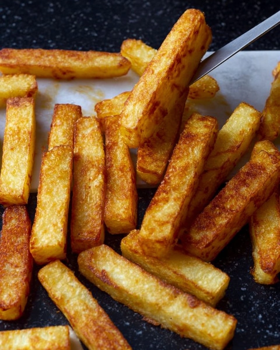 The image shows thick, rectangular fried potato sticks that are golden brown with a crispy texture. They are arranged loosely on a white marbled surface, some stacked slightly on top of each other. A metal spatula is slipping under a few of the potato sticks, and the dark background contrasts with the warm golden color of the potatoes. photo taken with an iphone --ar 4:5 --v 7