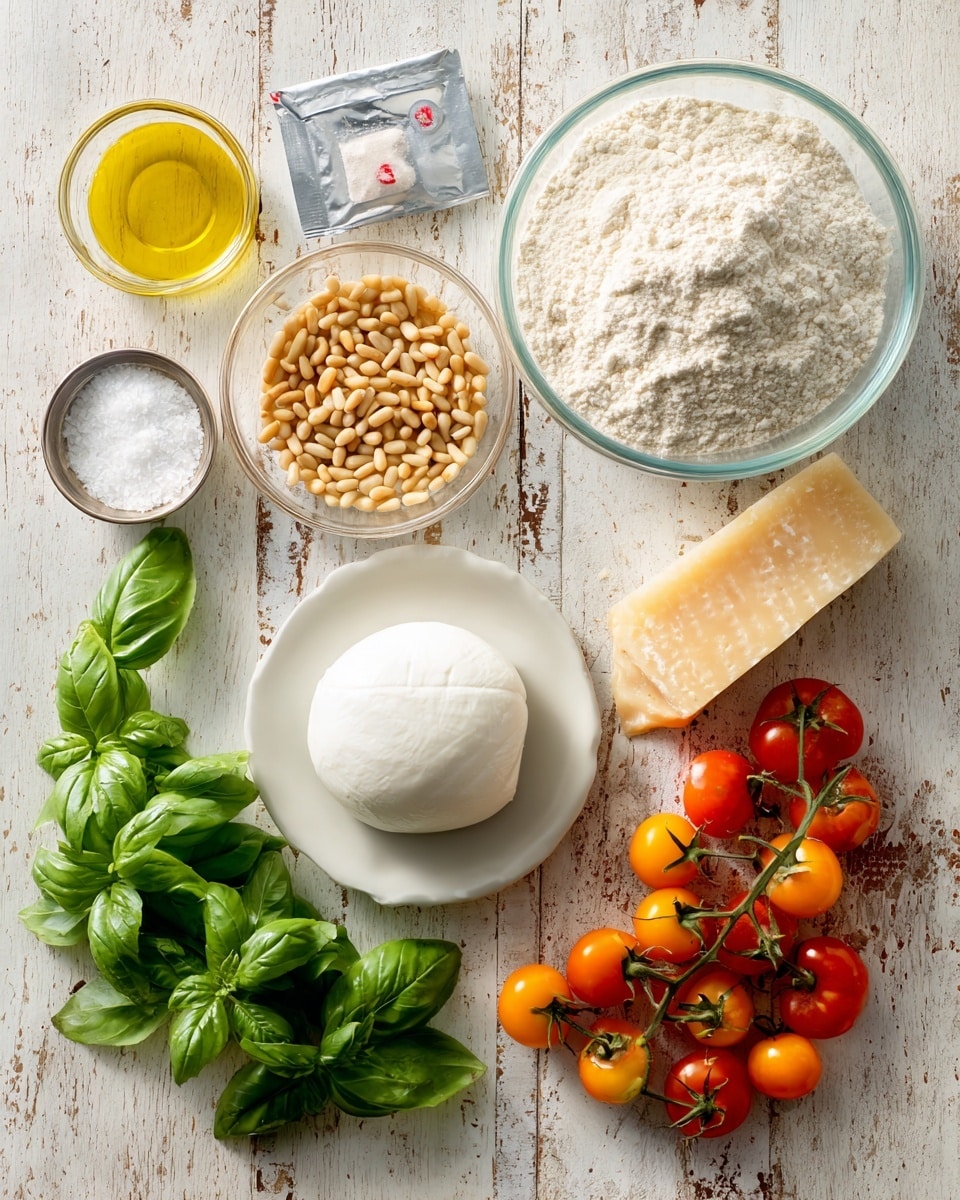 The image shows ingredients for focaccia arranged neatly on a rustic wooden surface. There is a large clear glass bowl filled with white Italian 00 flour positioned near the top right. Below it, a wedge of pale yellow Parmigiano Reggiano cheese sits on the right side. To the left of the cheese is a small clear glass bowl holding light beige pine nuts. A bunch of fresh green basil leaves spreads out on the left side, almost reaching the center. Below the basil, a smooth white burrata cheese sits on a white plate with a subtle texture. Near the top left, a small white bowl filled with olive oil is placed next to a tiny white bowl containing flaky salt. Between salt and Parmigiano is a silver packet of yeast. At the bottom right, two clusters of red and orange cherry tomatoes with green stems add a bright pop of color. The whole layout is on a white marbled texture. Photo taken with an iphone --ar 4:5 --v 7