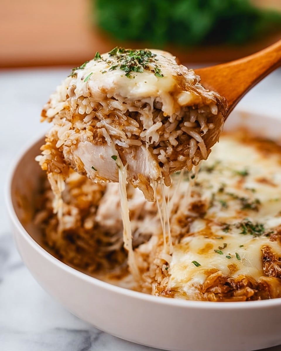 The image shows a close-up of a wooden spoon lifting a layered dish from a white bowl sitting on a white marbled surface. The dish has three clear layers: the bottom layer is a mix of cooked rice with a slight brown color, the middle layer is tender, white cooked chicken with a juicy texture, and the top layer is melted golden cheese with sprinkles of green herbs. The cheese is slightly stringy, showing its softness and stretchiness, and small bits of herbs are scattered on top, adding a fresh green touch. The background is softly blurred with natural colors, highlighting the spoon and the food. Photo taken with an iphone --ar 4:5 --v 7