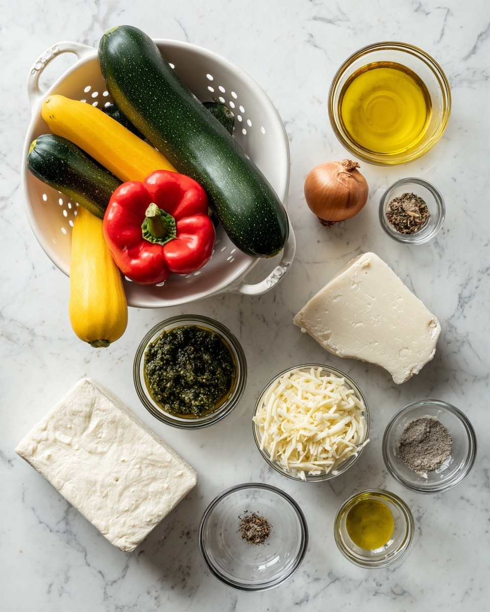The image shows a white colander on the left with three fresh vegetables inside: a dark green zucchini on the right, a light yellow squash on the left, a bright red bell pepper on top, and a small brown shallot at the bottom right. To the right of the colander are small clear glass bowls arranged in a scattered way on a white marbled surface. The bowls contain olive oil with a light yellow color, salt and pepper mixed, two cloves of garlic, and Italian seasoning. In the middle of the image is a square sheet of puff pastry with a smooth, pale surface. Below the pastry are four small clear glass bowls with basil pesto that is dark green, an orange egg, a log of white goat cheese, and shredded mozzarella cheese, which is off-white in color. All ingredients are neatly spaced and labeled with black text. Photo taken with an iphone --ar 4:5 --v 7