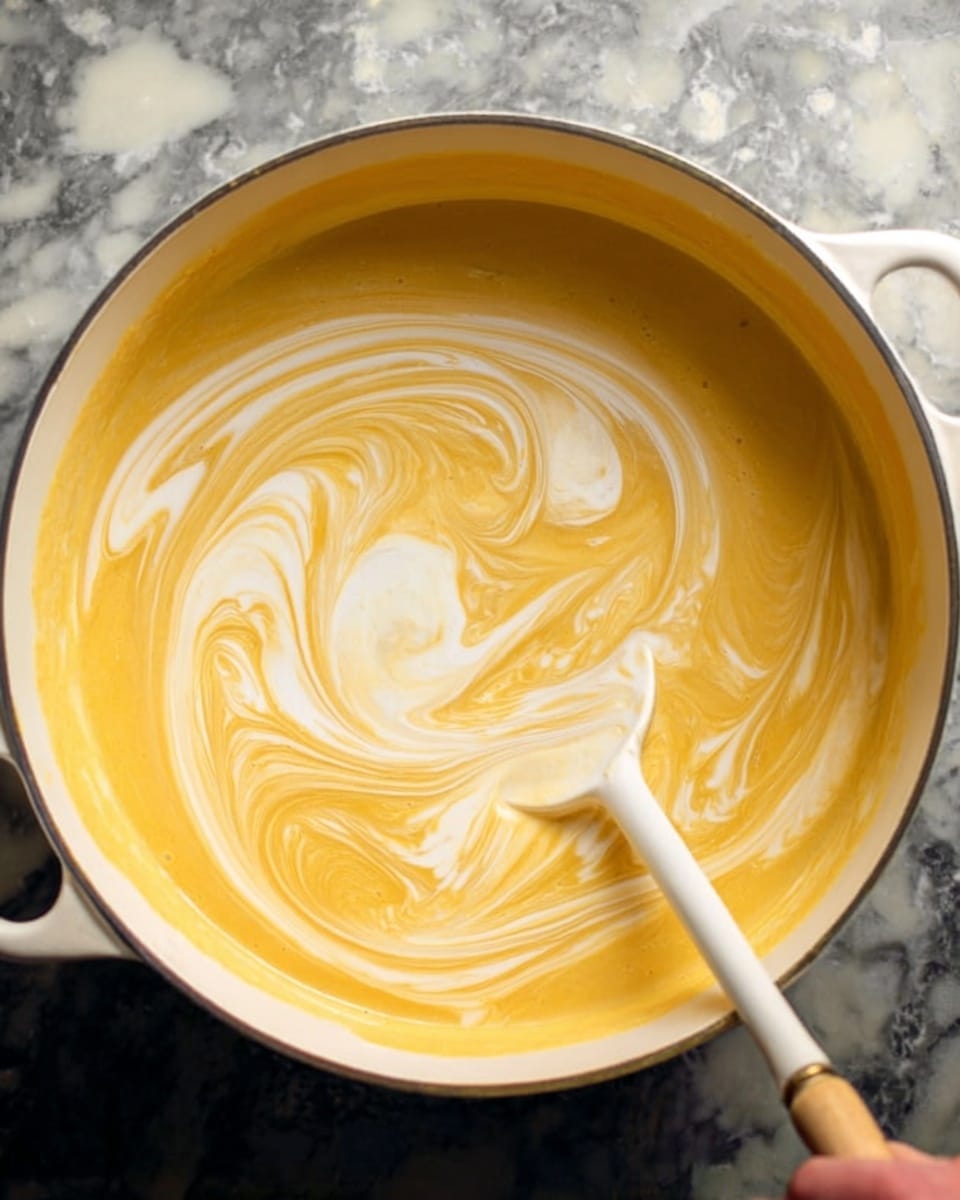 A white pot with a smooth yellow and white swirled soup inside, showing a creamy texture with layers blending softly together. A woman’s hand is holding a stirring spoon with a light handle, gently mixing the soup. The pot is placed on a dark surface but the background is changed to a white marbled texture. The soup has a thick, smooth flow with white cream swirled in a spiral pattern on top, giving it a rich and warm look photo taken with an iphone --ar 4:5 --v 7