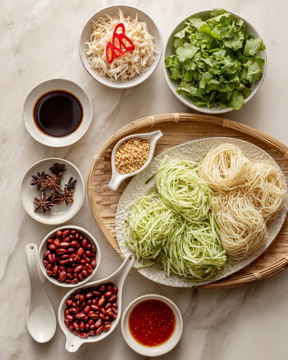 A round bamboo tray holds three light beige noodle nests on the right side. To the left, a white oval plate is full of thin, light green cucumber strips stacked neatly. Above the cucumber plate, a small white bowl contains fresh green coriander leaves and bright red sliced chillies. Surrounding the tray on a white marbled surface are various small white dishes and spoons: at the top center, a small round white bowl has shredded pale chicken; next to it are two small white bowls, one holding dark brown star anise and red Sichuan peppercorns, and the other filled with chopped light green scallions and minced garlic. On the left, a small white bowl is full of shiny reddish fried peanuts. On the bottom left, two white spoons hold a dark soy sauce and black rice vinegar, while one spoon on the top left has white salt and sugar. On the right side, a white spoon holds golden sesame oil, and a small white bowl at the bottom right contains bright red chili oil with visible chili flakes. Photo taken with an iphone --ar 4:5 --v 7