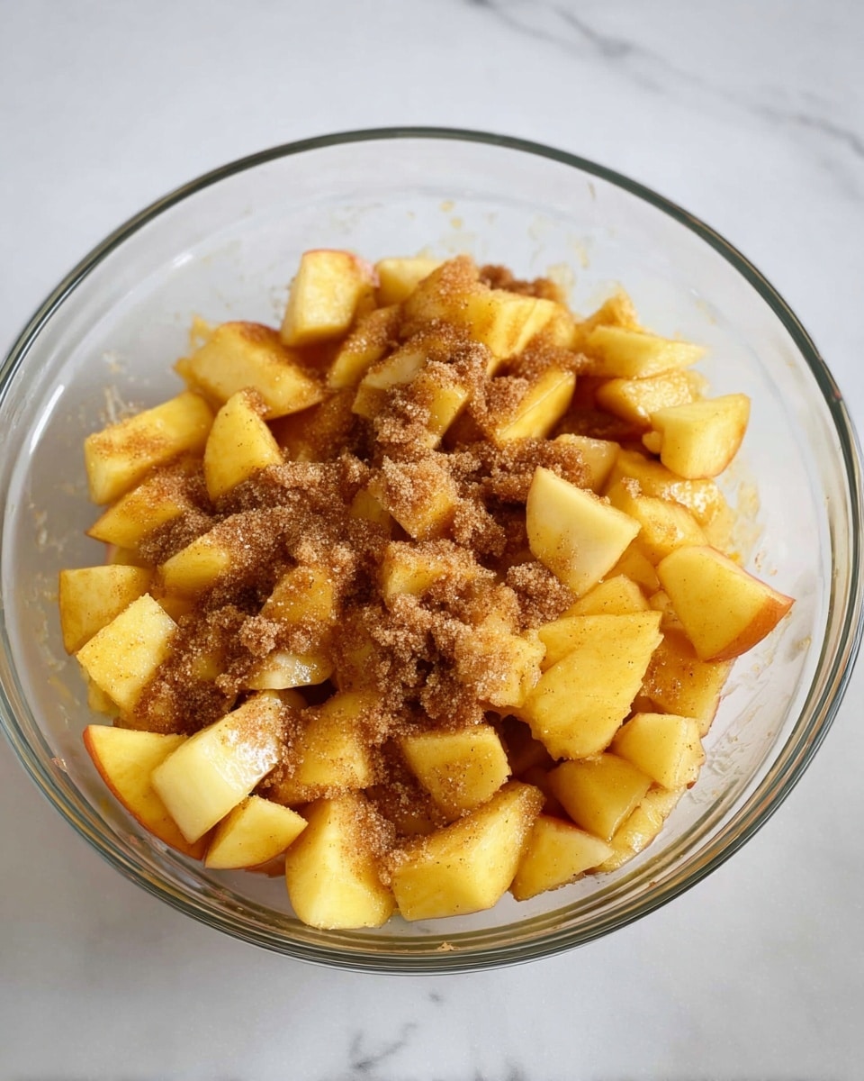 A clear glass bowl is filled with small yellow apple pieces that are topped with two types of brown sugar, light and dark, sprinkled unevenly across the fruit. The apple pieces look fresh and slightly shiny, showing a mix of smooth and soft textures. The bowl sits on a white marbled surface, which adds a clean and bright background to the warm colors of the fruit and sugar. photo taken with an iphone --ar 4:5 --v 7