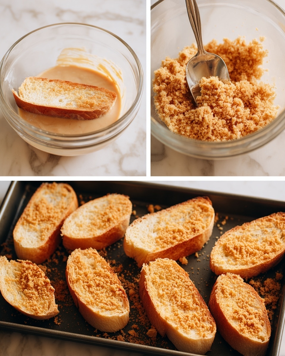A three-image collage shows a food preparation process on a white marbled surface. The top left image features a clear glass bowl filled with a light beige mixture, with a slice of bread submerged in it, being soaked. The top right image shows the same slice of bread now coated with light tan, chunky crumbs in a clear glass bowl, with a spoon pressing part of the crumb mixture onto the bread. The bottom image displays six bread slices evenly spaced on a black cooking pan, all coated with the crumb layer, showing a golden-brown toasted texture on the outer surface. Photo taken with an iphone --ar 4:5 --v 7