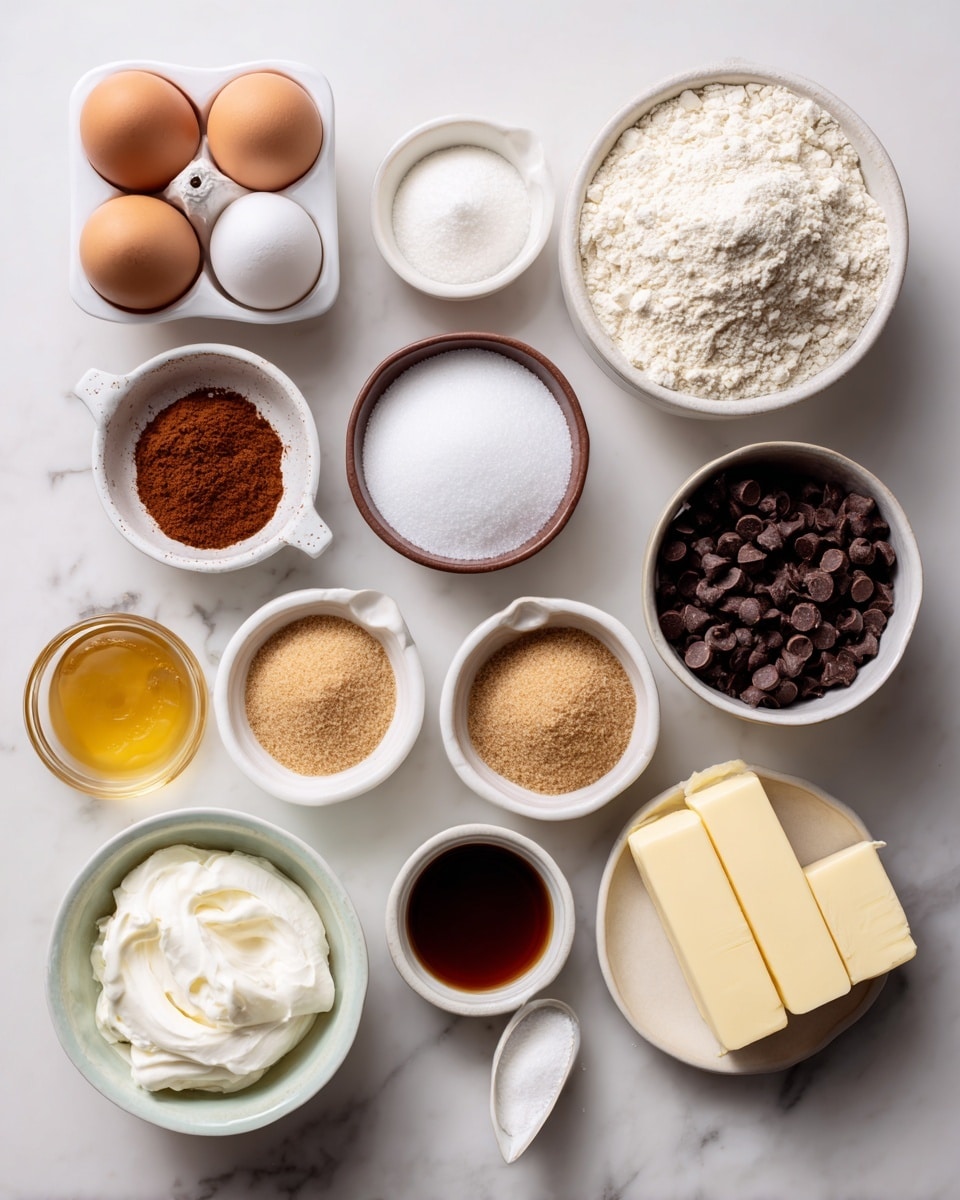 The image shows various ingredients placed neatly on a white marbled surface. There are four eggs in a white egg holder positioned near the top center. On the top right, there is a white bowl filled with off-white gluten-free flour. Below it, a white bowl holds dark brown chocolate chips. In the center, a white bowl contains thick, white heavy cream. Two small brown dishes hold white baking soda and cream of tartar on the left side. There is a small white bowl with golden honey nearby. A round white bowl below the heavy cream contains light to medium brown brown sugar, while next to it on the right side is a white bowl filled with white granulated sugar. A bit lower and to the left, a small white dish contains ground cinnamon which is reddish-brown in color. Next to it is a small white cup with dark amber vanilla extract. At the bottom right, two sticks of pale yellow unsalted butter rest on the surface. The ingredients are well spaced out with clear labels next to each one. photo taken with an iphone --ar 4:5 --v 7