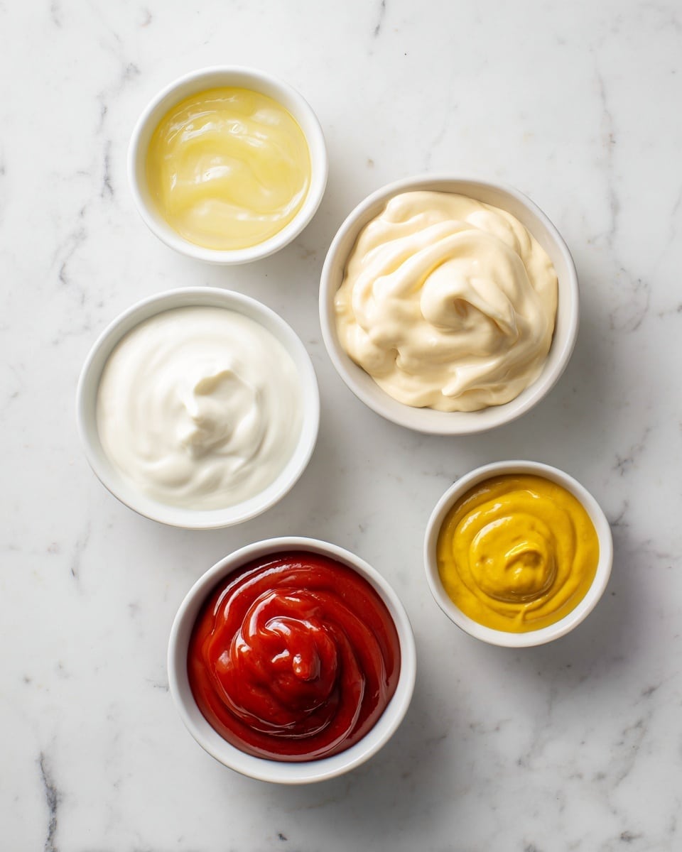 The image shows six small white bowls on a white marbled surface, each filled with a different sauce or condiment. At the top left is a bowl with pale yellow pickle brine, next to it on the right is a bowl of thick light mayonnaise in an off-white color. To the right of that is a smaller bowl with bright yellow mustard. Below the pickle brine bowl is a bowl filled with smooth white low-fat Greek yogurt, while in the center below the mayonnaise bowl is a bowl containing a thick, rich red ketchup or tomato sauce. On the bottom right is a small bowl filled with bright red sriracha hot sauce. Each bowl is evenly spaced and neatly arranged. photo taken with an iphone --ar 4:5 --v 7