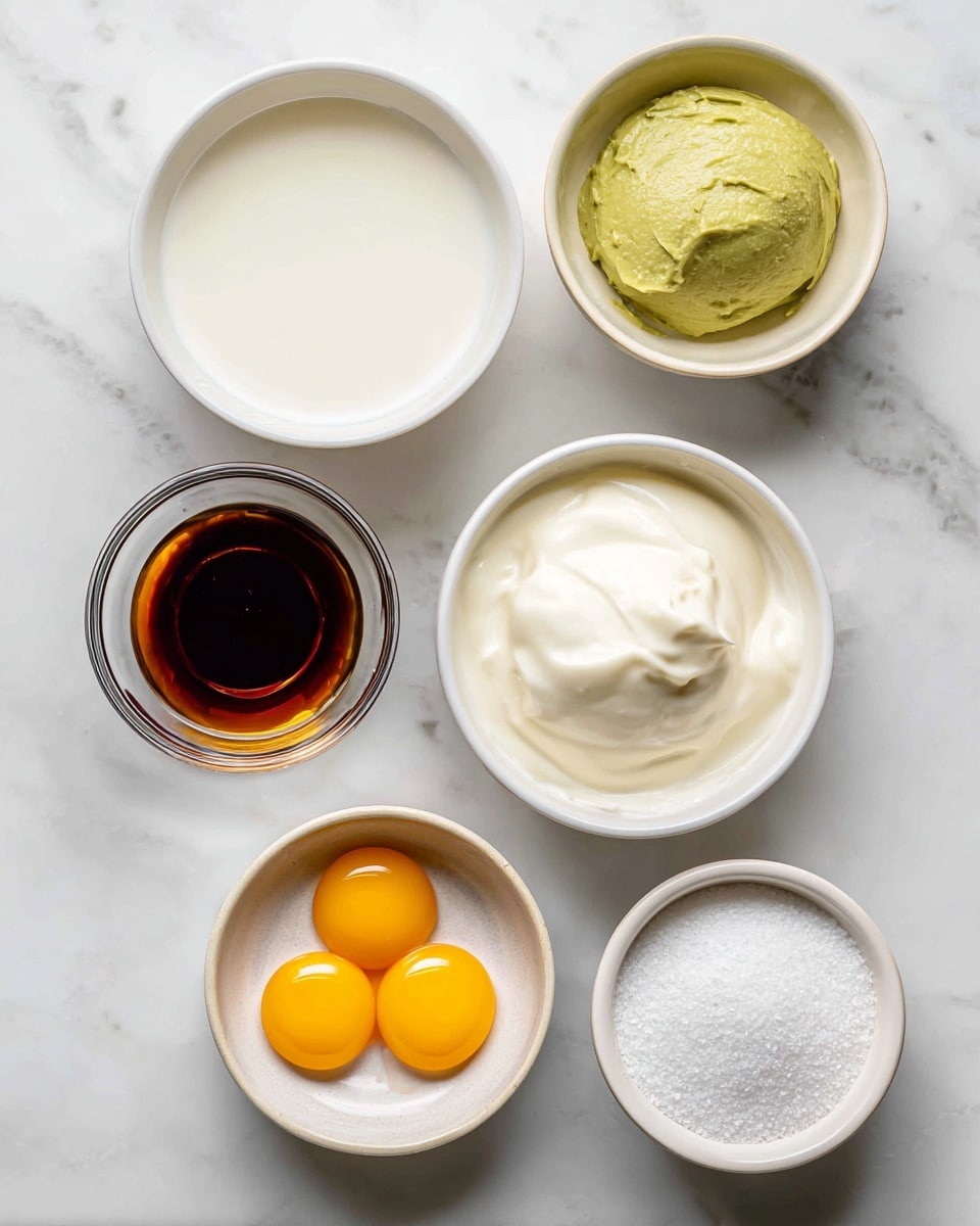 The image shows six small white bowls arranged on a white marbled surface. From the top left, there is a bowl with clear whole milk, next to it on the right is a bowl with smooth, light green pistachio paste. Below these, a bowl with heavy cream sits in the center, and to its right is a small glass bowl with dark amber vanilla extract. At the bottom left, there is a small white bowl with two bright yellow egg yolks, and finally at the bottom right, a white bowl full of fine white granulated sugar. The bowls are neatly spaced and each ingredient is clearly visible. photo taken with an iphone --ar 4:5 --v 7