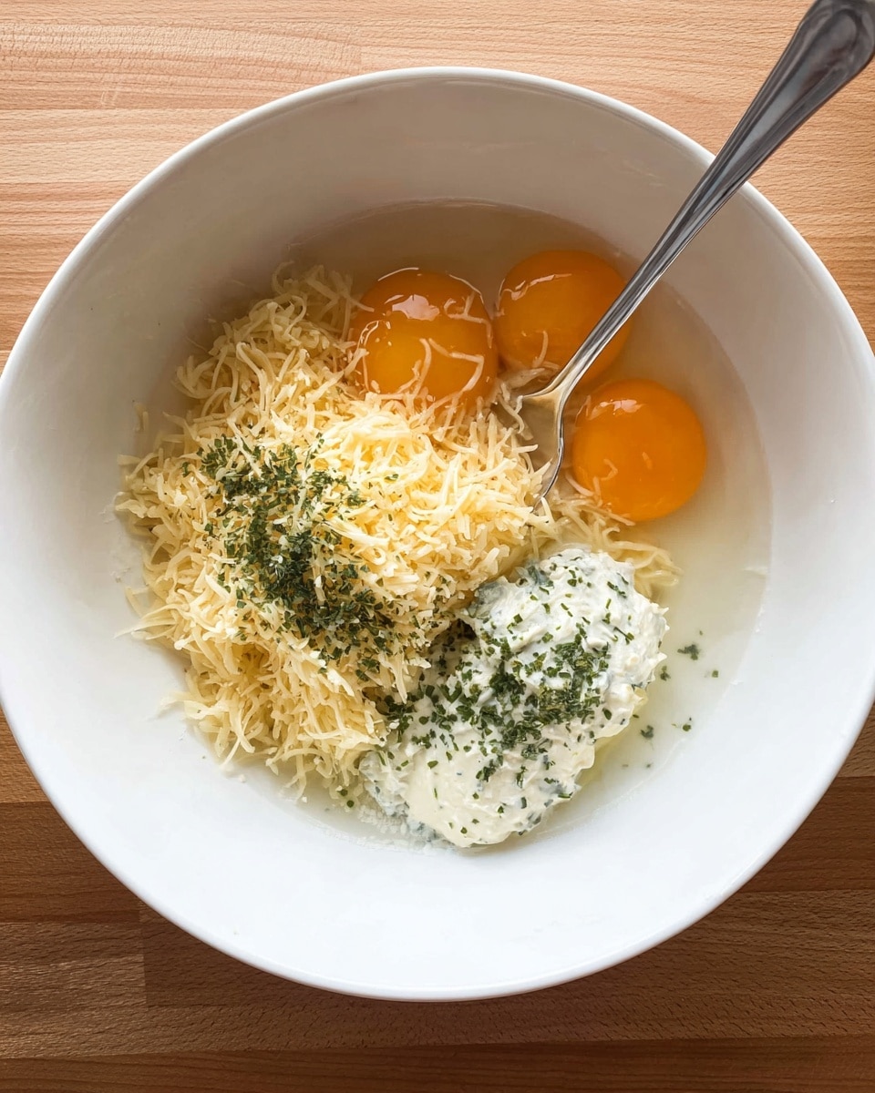 Inside a large white bowl, there are three visible layers of ingredients arranged in separate areas. At the top, two bright orange egg yolks with glossy clear egg whites surround them. Below the eggs is a generous heap of fine, light yellow shredded cheese with a soft texture. Next to the cheese and partially covering the eggs is a small mound of creamy white mixture, sprinkled with finely chopped green herbs. A silver spoon rests inside the bowl, touching the creamy white layer. The bowl is placed on a wooden surface, but the focus is on the ingredients inside the bowl. photo taken with an iphone --ar 4:5 --v 7