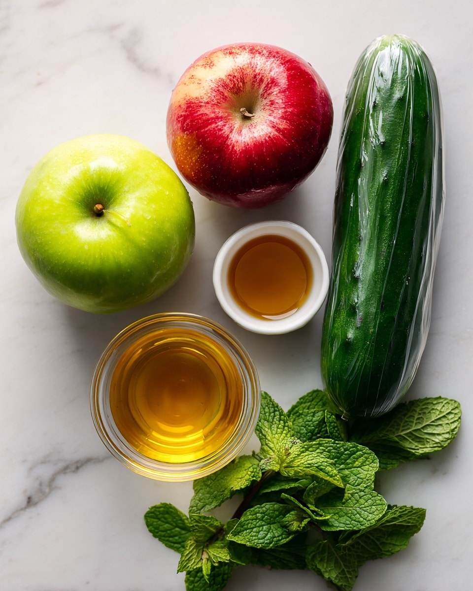 The image shows fresh ingredients on a white marbled surface: a bright green apple and a smaller red apple placed side by side near the top left, a long, dark green English cucumber wrapped partially in plastic on the right side, a small clear glass jar filled with golden olive oil below the apples, and a small white bowl with light brown apple cider vinegar beneath the olive oil. Fresh green mint leaves with detailed texture and veins appear at the bottom right corner. The arrangement is simple and clean. Photo taken with an iphone --ar 4:5 --v 7