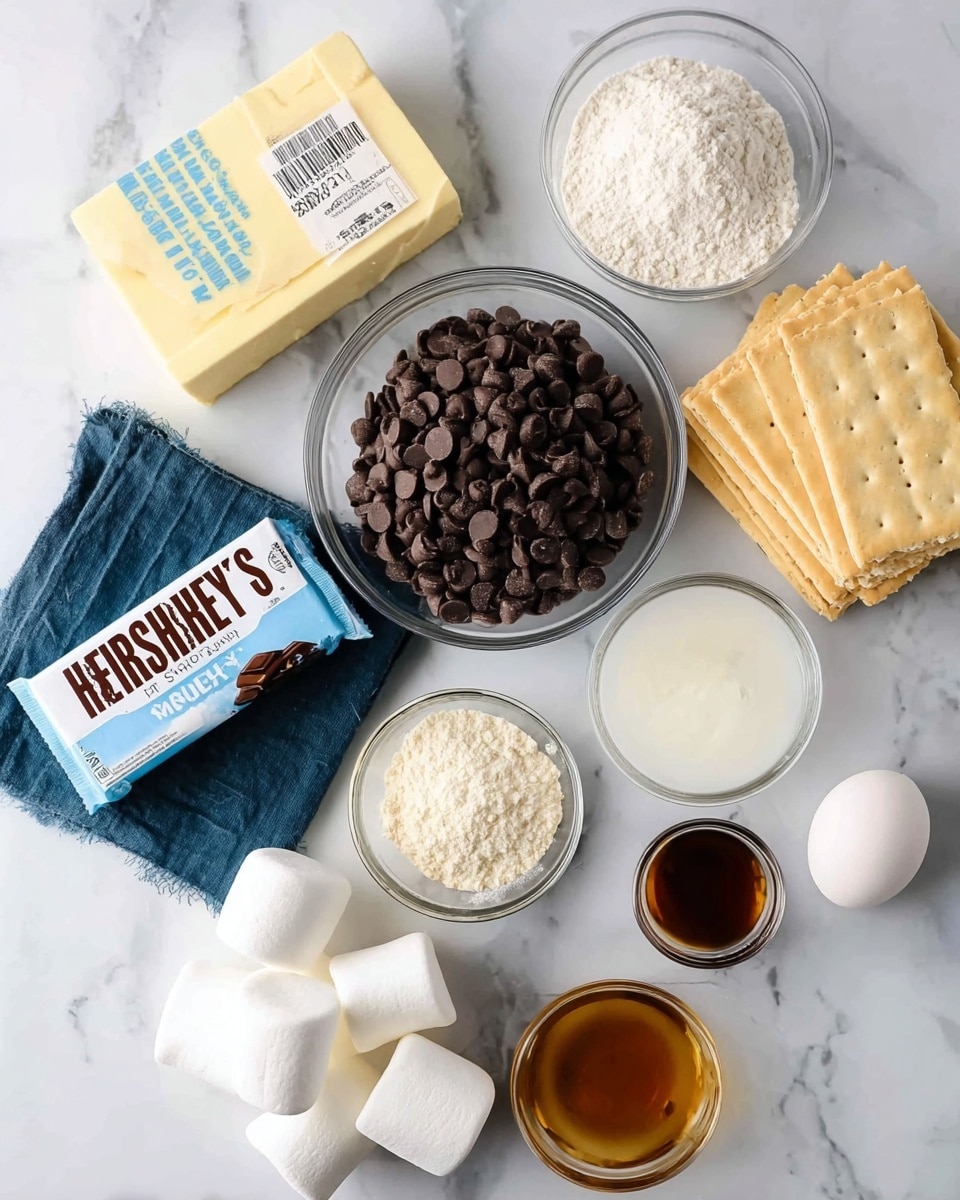 The image shows a collection of baking ingredients arranged neatly on a white marbled surface. In the center, there is a clear glass bowl filled with dark brown chocolate chips. Surrounding it are smaller glass bowls containing white flour, light brown sugar, and a white powder likely baking soda or baking powder. There is a block of butter in yellow wrapper placed near the chocolate bars, which are wrapped in silver and brown Hershey’s milk chocolate packaging. A few large white marshmallows are scattered on the surface, with two sitting on a dark blue cloth that also holds a single white egg. Another bowl holds a white creamy substance, and a smaller bowl contains a dark amber liquid, probably vanilla extract. A pack of light tan square crackers rests at the top right. Everything is placed on the smooth white marbled texture, and the photo was taken with an iphone --ar 4:5 --v 7