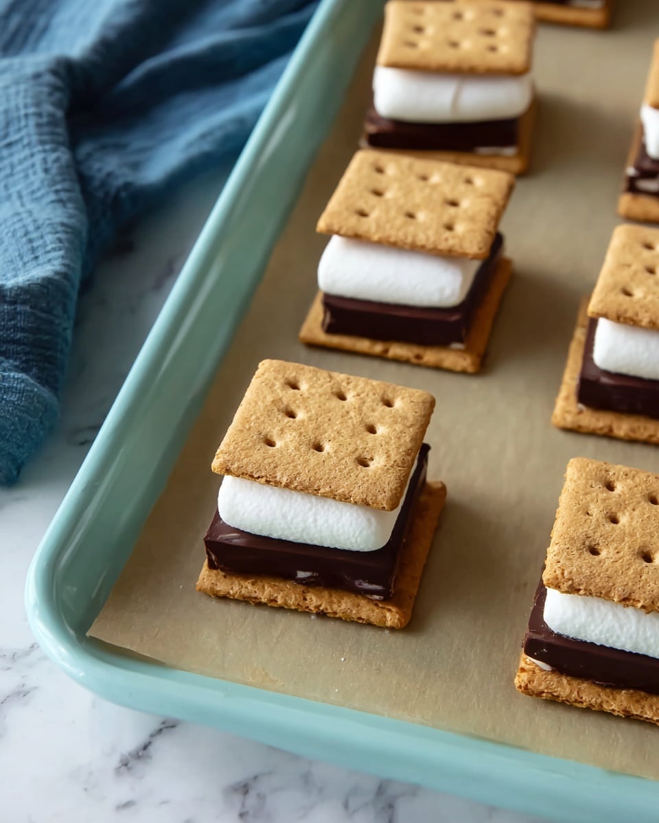 The image shows several small stacks arranged on a baking tray with parchment paper. Each stack has three layers: the bottom layer is a square, light brown graham cracker with small holes; on top of that is a piece of dark brown chocolate, slightly smaller in size; and the top layer is a large, white marshmallow. The tray is a pale blue-green color, and the scene includes a blue cloth partially visible in the top left corner, all set on a white marbled surface. Photo taken with an iphone --ar 4:5 --v 7