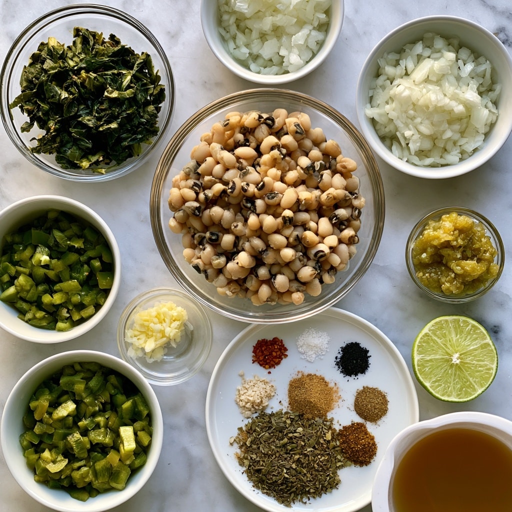 The image shows eight clear and white containers with various ingredients set on a white marbled surface. At the top left, a clear glass bowl holds chopped dark green leafy vegetables. To the right, a white bowl contains finely chopped white onions. In the center, a large clear glass bowl is filled with cooked black-eyed peas, light beige with dark spots. Below to the left, a white bowl holds chopped green peppers, and next to it, a small clear bowl has minced garlic, pale yellow in color. On the right side, a small clear bowl contains a chunky greenish-yellow relish or chutney. A white plate nearby has six small piles of different spices: red, white, black, brown, and several greenish-brown herbs. A lime half, light green inside, is placed beside the plate. Finally, there is a white measuring cup partially filled with light brown broth. Photo taken with an iphone --ar 4:5 --v 7