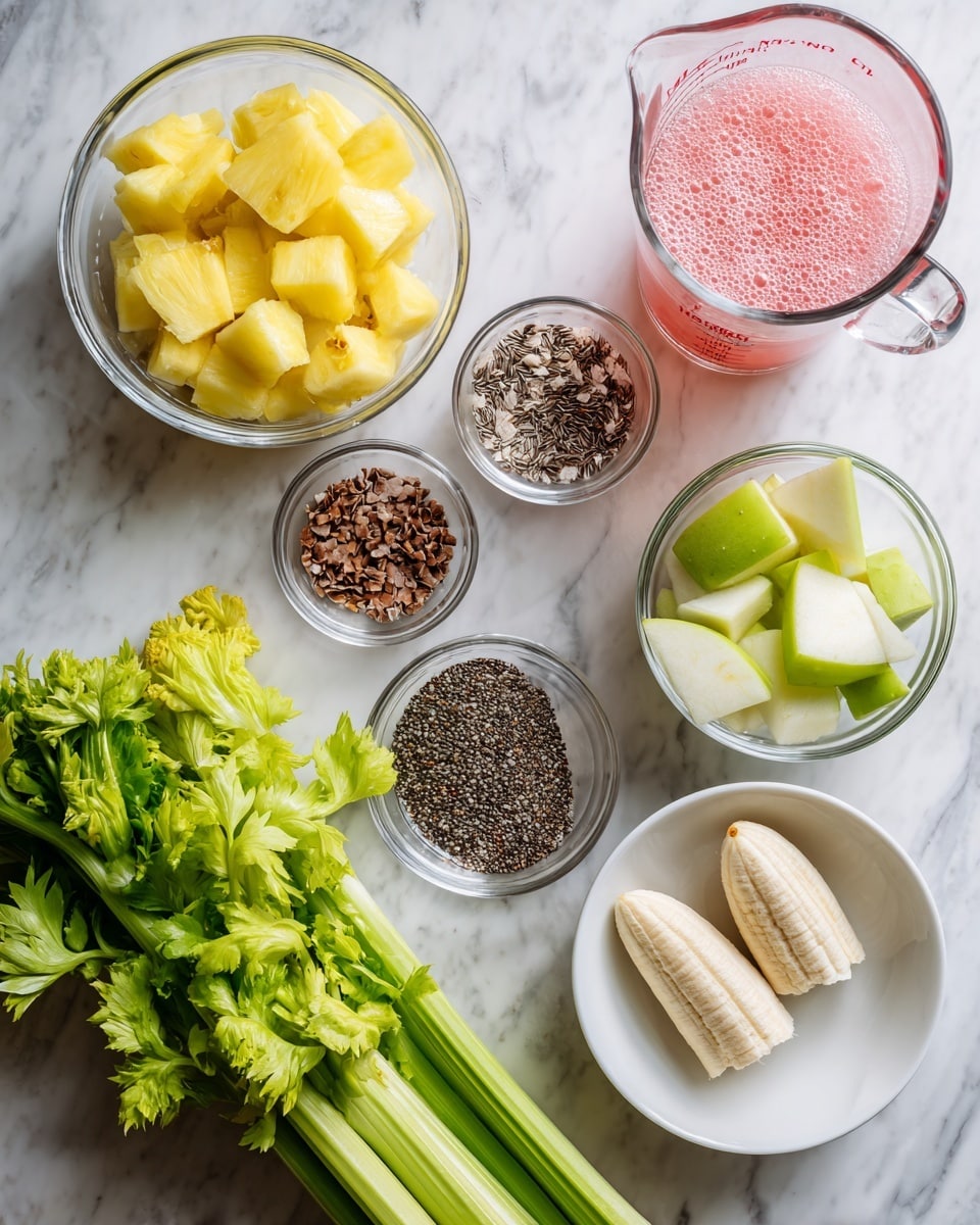 The image shows several small clear bowls and a white bowl arranged on a white marbled surface, each filled with ingredients for a fresh blend. One clear bowl contains bright yellow pineapple chunks, another has pale green diced green apples, a third clear bowl holds two pieces of frozen bananas with a frosty texture, and two small clear bowls contain tiny brown flax seeds and black chia seeds. A glass measuring cup is filled with pinkish-red coconut water. A full stalk of fresh celery with long green leaves lies next to the bowls, and a white bowl at the bottom contains bright mixed greens with curly leaves, showing different shades of green. photo taken with an iphone --ar 4:5 --v 7