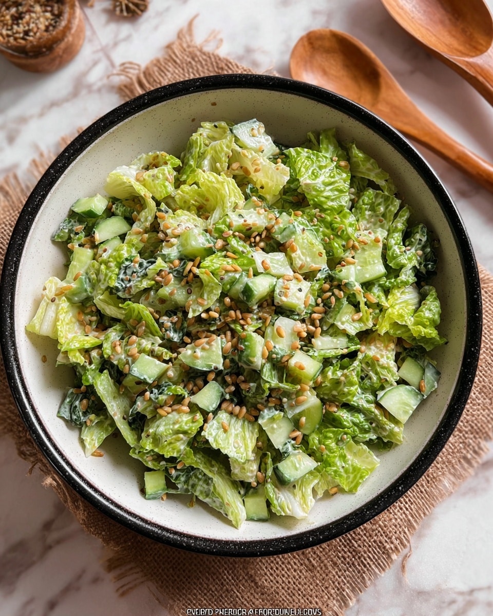 The image shows a fresh salad in a white bowl with a black inside. The salad has many layers, starting with a base of chopped green lettuce with light green and white leaves. On top, there are scattered small green cucumber cubes with dark green skin. Tiny round beige seeds are spread all over the salad adding texture. The salad looks lightly coated in a creamy dressing that gives a slight shine to the leaves. The bowl is placed on a white marbled surface, with some wooden utensils and a rustic burlap cloth visible at the edges. Photo taken with an iphone --ar 4:5 --v 7