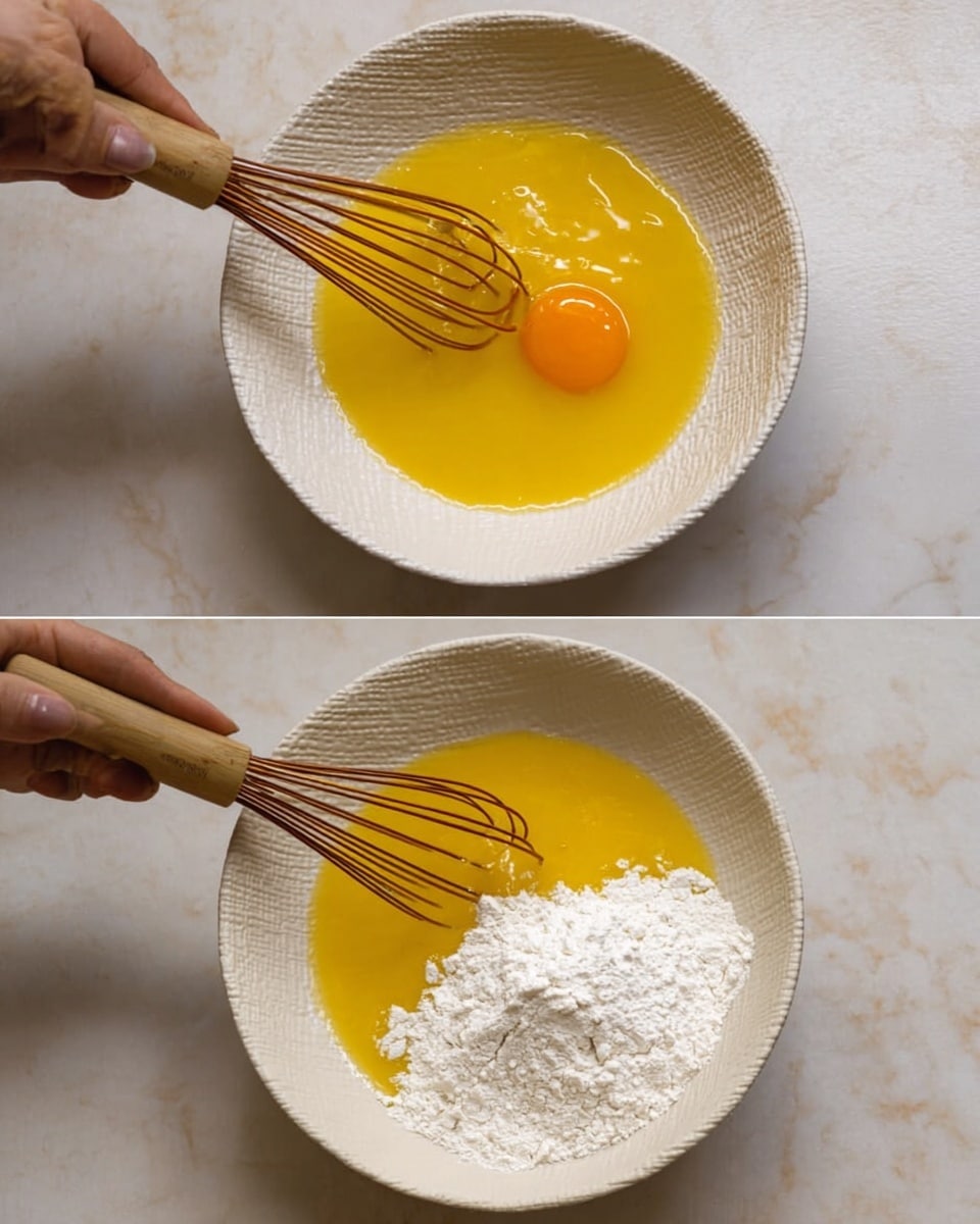 The image shows two white textured bowls on a white marbled surface. The first bowl contains a bright yellow liquid with one orange yolk in the center being whisked by a woman's hand holding a whisk with a light brown handle. The second bowl, similarly placed, contains the same yellow liquid but now has a pile of white flour on top on one side, ready to be mixed. Both bowls have a simple, clean texture and natural lighting. Photo taken with an iphone --ar 4:5 --v 7
