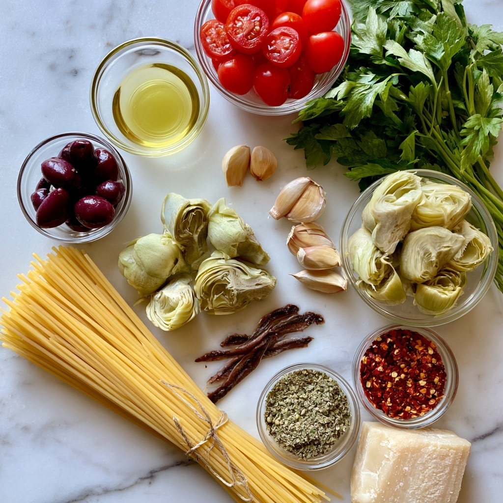 The image shows a neat arrangement of various ingredients on a white marbled surface. There is a clear bowl of halved bright red cherry tomatoes placed near the top right, and next to it, a bunch of fresh flat-leaf parsley with green leaves and stems. A small clear glass bowl of pale yellow extra virgin olive oil is situated below the cherry tomatoes. Nearby, a few whole garlic cloves with light beige skin are laid out beside a clear bowl filled with light green whole artichoke hearts. To the left, a small pile of dark purple Kalamata olives sits in another clear bowl. Below, a neat bundle of dried yellow spaghetti tied with a string lies diagonally. Close to the artichokes, there are three dark brown anchovies laid on the surface. Two small clear bowls contain dried oregano with a greenish texture and red chili pepper flakes with bright red and orange bits. Finally, a chunk of off-white Parmesan cheese rests near the bottom right. All items are carefully spaced with black labels featuring white text identifying each ingredient. photo taken with an iphone --ar 4:5 --v 7