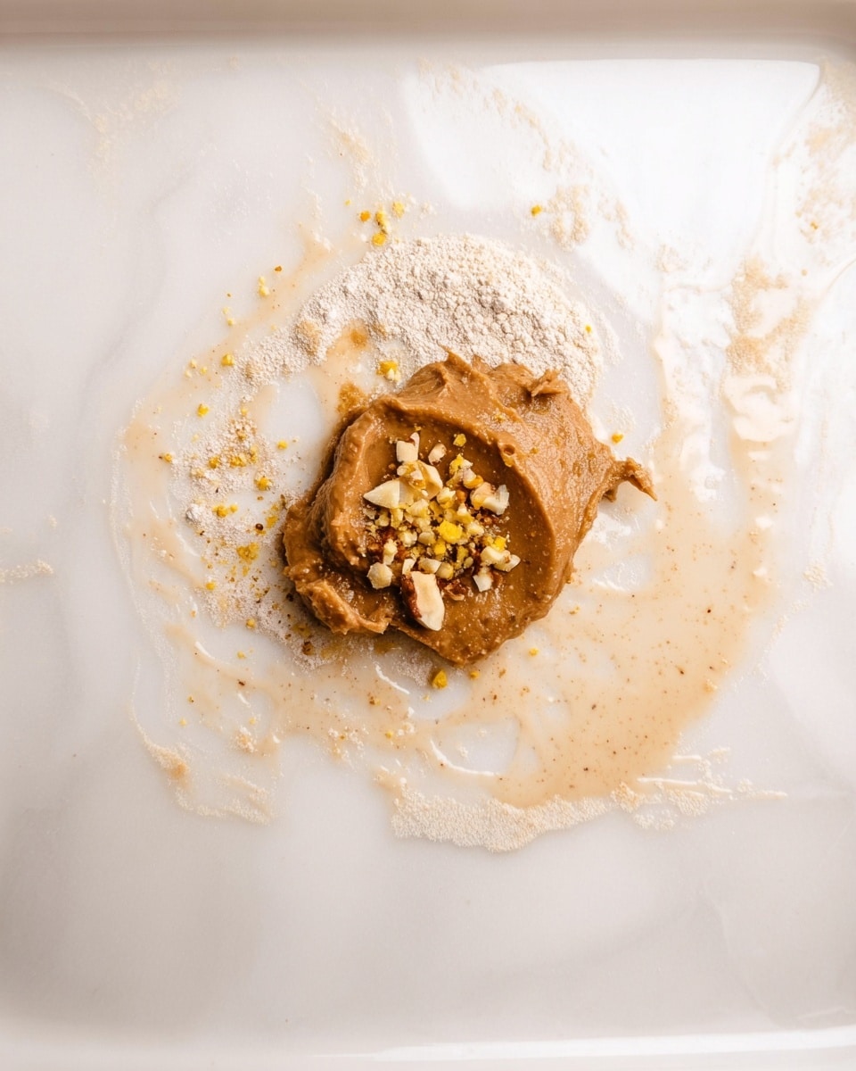 The image shows a close-up of a white plate with a small scoop of thick, brown paste placed near the center. On top of the brown paste, there are small pieces of chopped nuts in light beige and yellow colors. Surrounding the paste and nuts is a thin layer of light beige powdery substance spread unevenly on the plate surface. The plate itself sits on a white marbled texture background, with slight liquid smudges and swirls of a light creamy color adding texture around the paste. photo taken with an iphone --ar 4:5 --v 7