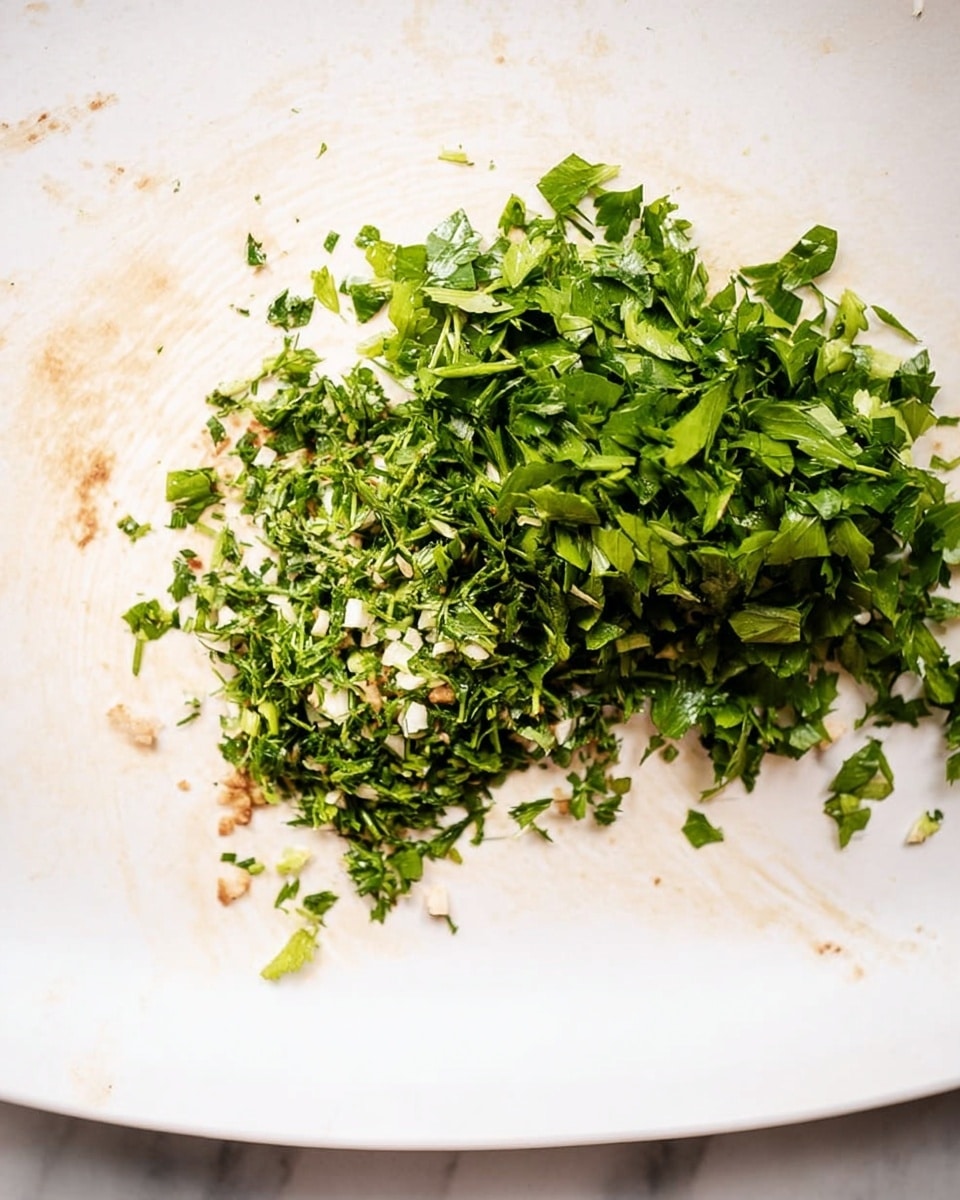 The image shows a white plate with a layer of finely chopped green herbs piled mostly on the right side, displaying different shades of green and a fresh leafy texture. Beneath the herbs, scattered in small amounts and partially covered, are some light brown and white bits, adding subtle contrast. The plate has light smears and small bits of sauce or moisture that create soft beige and white spots on the left side, giving a slightly messy but natural look. The background is a white marbled surface, adding a clean and bright setting for the dish photo taken with an iphone --ar 4:5 --v 7