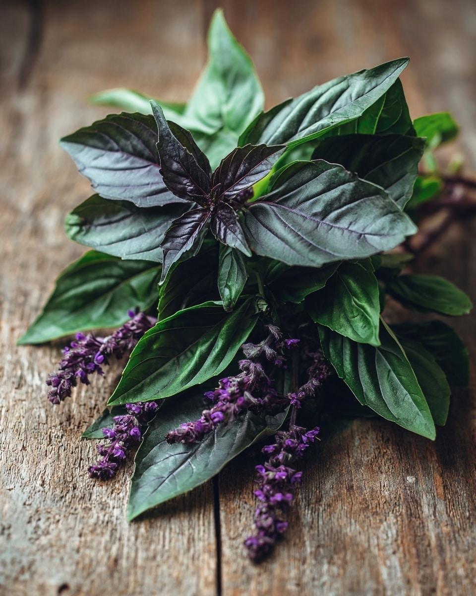 A close-up of a bunch of fresh basil leaves with dark green and slightly purple hues layered on top of each other, with some small purple flowers attached to the thin dark purple stems. The leaves show smooth texture with slight veins and are spread loosely on a wooden surface. The photo has a natural, fresh feel with soft lighting highlighting the freshness of the herbs. Photo taken with an iphone --ar 4:5 --v 7