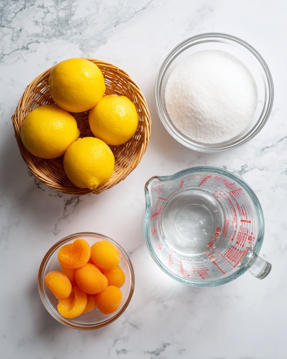 The image shows four clear containers on a white marbled surface, each holding a different ingredient. At the top left, there is a basket with bright yellow lemons tightly packed inside. To the right of the basket, there is a round glass bowl filled with fine white sugar. Below the sugar bowl, a clear glass measuring jug holds transparent water, showing red measurement markings on its side. At the bottom left, a small round glass bowl contains vibrant orange frozen peach slices arranged neatly. The overall setting is clean and bright. photo taken with an iphone --ar 4:5 --v 7