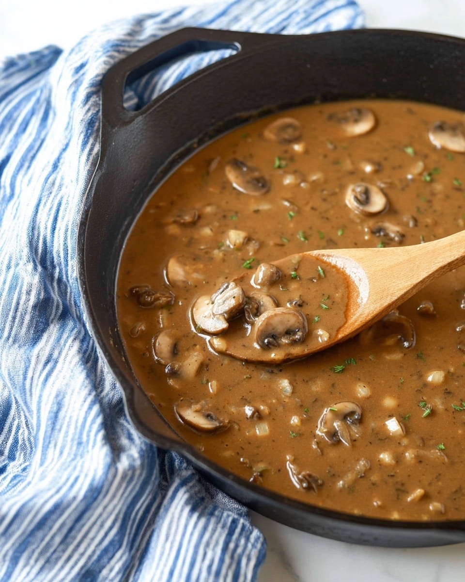 A close-up view of a black cast-iron pan filled with smooth, thick brown mushroom sauce with visible sliced mushrooms and small onion pieces mixed inside. A wooden spoon is partially submerged in the sauce, holding a few slices of mushrooms. The pan rests on a white marbled surface with a blue and white striped cloth loosely draped beside it. The lighting is bright and natural, highlighting the sauce texture clearly. photo taken with an iphone --ar 4:5 --v 7