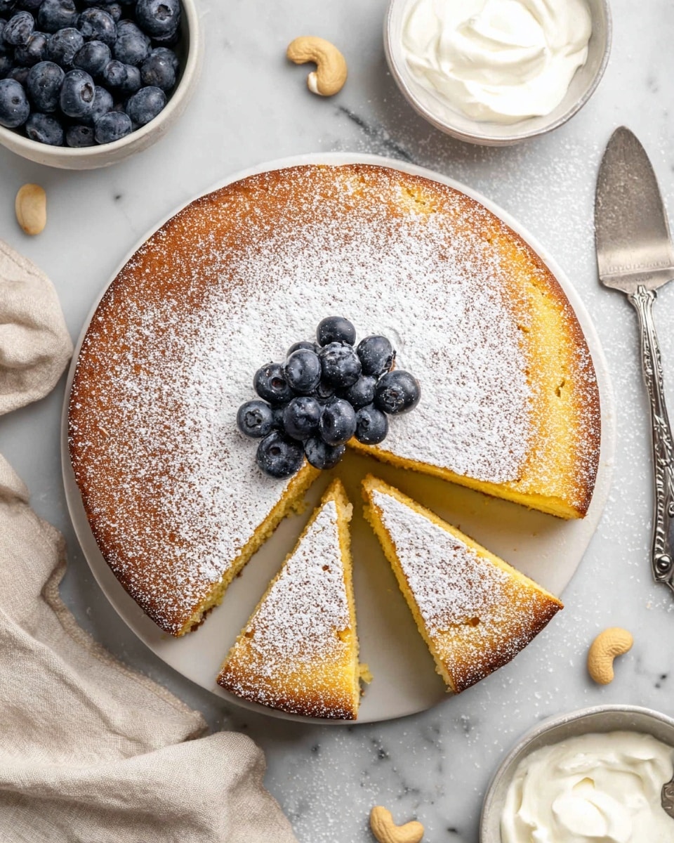 A round yellow cake with a golden brown crust sits on a white plate, dusted evenly on top with white powdered sugar. Four slices are cut from the cake and set apart, showing its soft texture with a light yellow inside. At the center of the cake slices, there is a small pile of dark blue, fresh blueberries. Around the plate on a white marbled surface are a white bowl with more blueberries, a white bowl with white cream, a beige cloth, a silver cake server, and a single cashew nut. Photo taken with an iphone --ar 4:5 --v 7