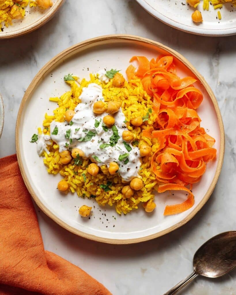 Vegan One-Pot Chickpea Rice with Carrot Salad & Mint Sauce Recipe
