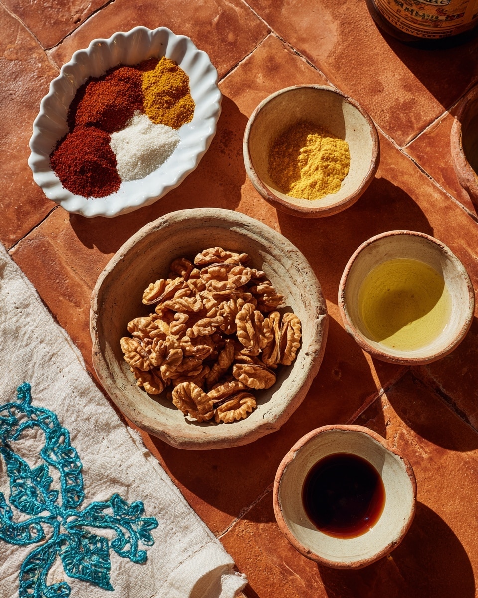 The image shows a top-down view of four small white ceramic bowls placed on a warm terracotta tile surface. The largest bowl, positioned near the center, is filled with golden-brown walnut halves, showing rough texture and natural crevices. Above it to the left is a scalloped white dish holding four neatly arranged small piles of powdered spices in rich colors: dark brown, bright red, warm yellow, and off-white. To the right, there are three small round white bowls with a rustic clay edge; the top one contains a golden liquid, the middle one a pale translucent liquid, and the bottom one a thick dark brown liquid. On the lower left corner, a white cloth with turquoise embroidery peeks into the frame. photo taken with an iphone --ar 4:5 --v 7