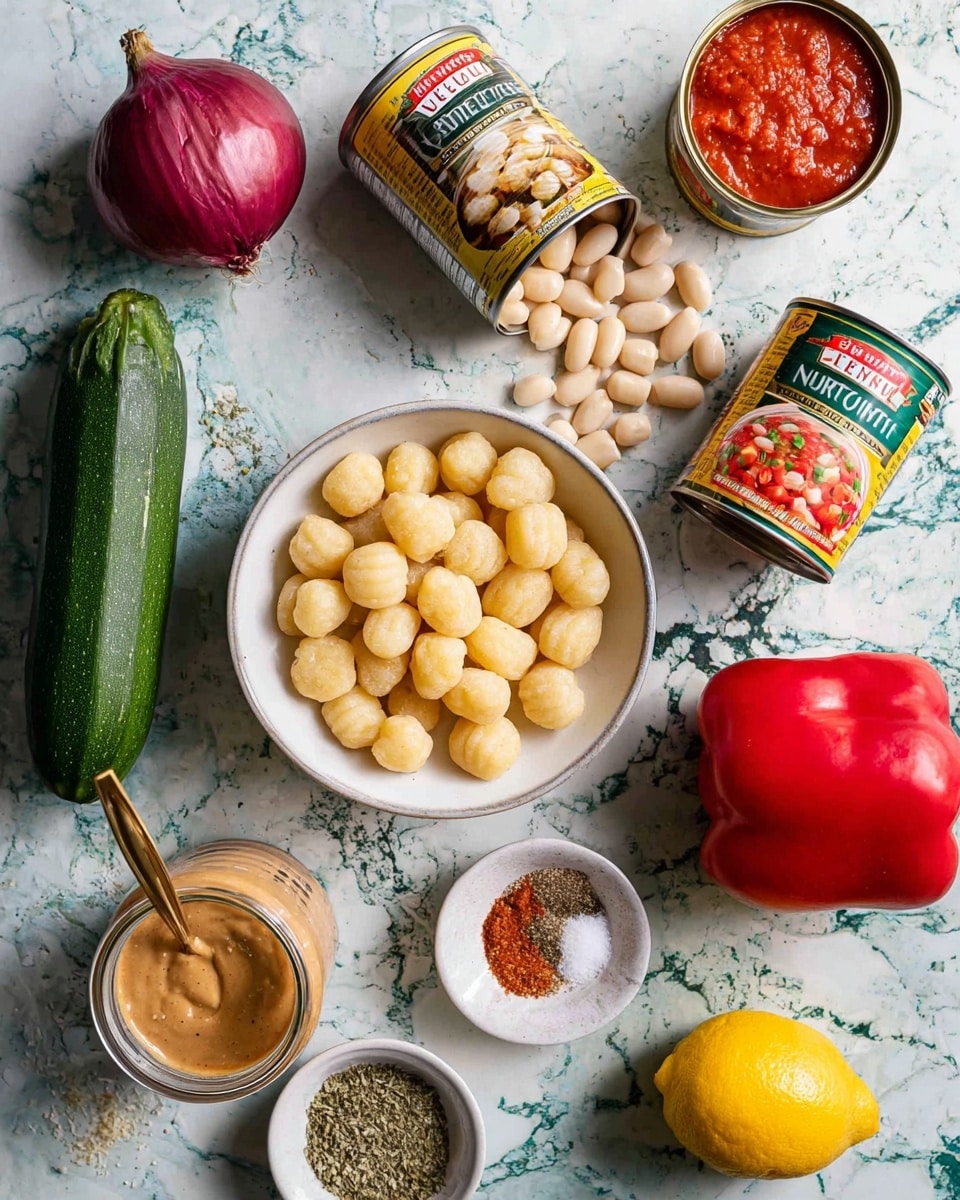 The image shows various cooking ingredients arranged on a white marbled surface. At the center, there is a white bowl filled with small round pale yellow gnocchi, with a few pieces spilled beside it. Above it, an open can filled with white beans sits next to a closed can of diced tomatoes, both cans displaying bright labels. To the left, a whole green zucchini and a red onion are placed next to each other. To the right, there is a whole red bell pepper and a small white bowl containing a red paste, likely tomato paste. Below, there is a glass jar filled with a light brown creamy sauce with a golden spoon inside. Next to it, a small white bowl has a mix of spices including green herbs, salt, and a red spice. On the far right bottom corner, a bright yellow lemon completes the colorful arrangement. The overall setup is bright and well-lit, photo taken with an iphone --ar 4:5 --v 7
