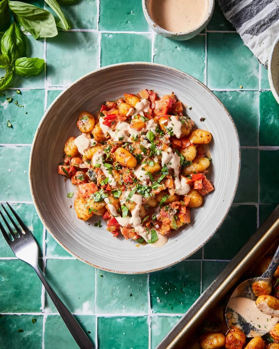 A bowl of cooked gnocchi mixed with diced red and green vegetables, layered with a light reddish-orange sauce and topped with a creamy white drizzle and fresh chopped green herbs scattered on top. The bowl is light gray with subtle ridges on the inside. The dish sits on a white marbled tile surface with large teal-green tiles and some fresh basil leaves nearby. A silver fork lies to the left of the bowl, and a baking tray with more cooked food sits at the top right corner. A small bowl of creamy sauce with a spoon is near the bottom right edge. Photo taken with an iphone --ar 4:5 --v 7