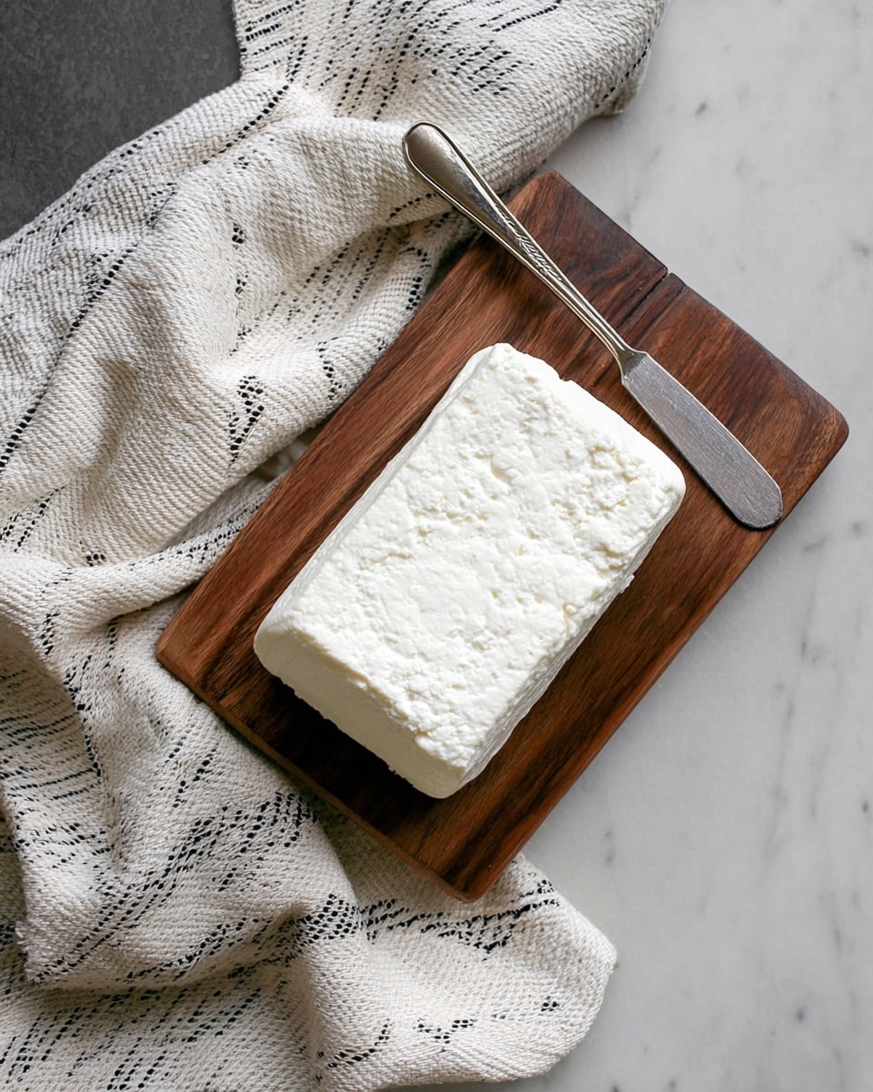 A solid block of fresh white cheese with a crumbly texture sits on a dark wooden board. A piece has been broken off and placed in front, showing the soft and slightly rough inside surface. The cheese block is rectangular with rounded edges and a smooth top. Beside the board lies a silver butter knife, slightly worn, resting on a grey stone surface. A beige striped cloth is softly folded and draped in the background, contrasting with the smooth cheese texture. The surface is changed to white marbled texture. photo taken with an iphone --ar 4:5 --v 7