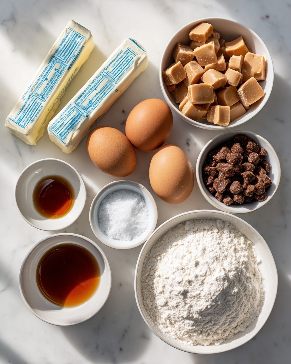 The image shows ingredients for baking arranged neatly on a white marbled surface. At the top left, there are two sticks of unsalted butter with blue and white wrappers. To the right, a white bowl contains light brown butterscotch chips. Below the butter, two brown eggs rest side by side. Next to the eggs is a small white bowl of dark amber vanilla extract, and to its left, a tiny white bowl with white salt. Below the salt, a small light brown bowl holds white baking powder. At the bottom right, a white bowl is full of fine, white 1:1 gluten-free flour. Near the center-right, a larger white bowl is filled with dark brown sugary crystals. The setup is bright and orderly, with natural light casting soft shadows. Photo taken with an iphone --ar 4:5 --v 7