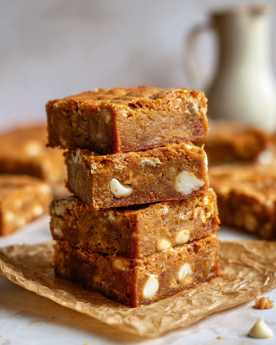 The image shows a stack of four square blondies with a light brown color and visible creamy white chips inside, giving the blondies a slightly textured look. Each blondie layer is thick and dense, with a firm top surface and rough sides, stacked neatly on brown parchment paper. The background features a blurred white pitcher and more blondies out of focus, placed on a white marbled surface. The overall lighting is warm and soft, highlighting the rich color and texture of the blondies photo taken with an iphone --ar 4:5 --v 7