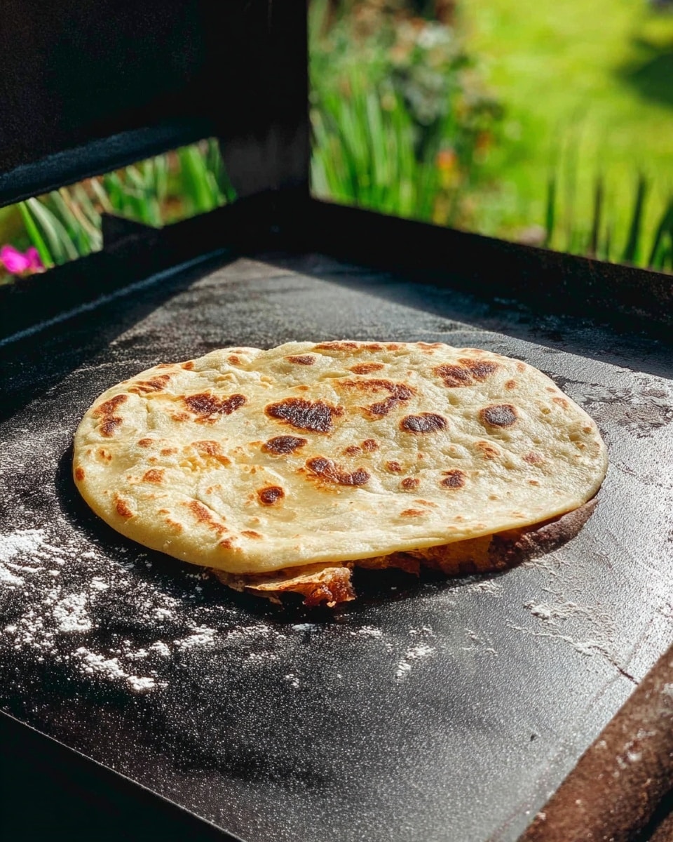 A round flatbread with a light golden color and some darker brown spots on its surface is cooking on a black flat griddle. The flatbread looks soft and slightly puffy, with a small piece of crispy browned dough sticking out from one side. The griddle has some light flour scattered on it and the background shows green plants and grass in bright daylight. photo taken with an iphone --ar 4:5 --v 7