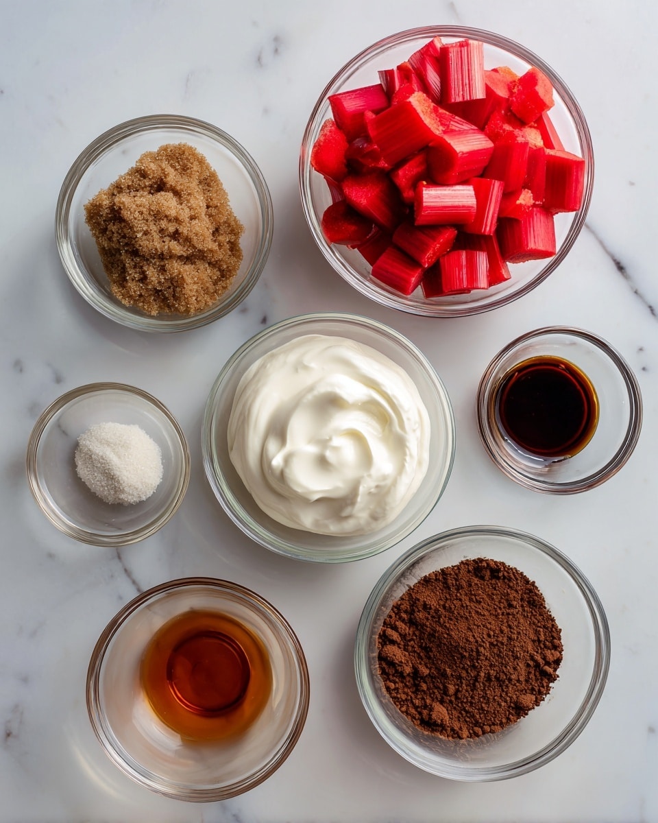 The image shows seven small clear glass bowls arranged on a white marbled surface. At the center top is a bowl filled with bright red chopped rhubarb pieces. Below it is a bowl of thick creamy white plain non-fat Greek yogurt. To the left of the yogurt bowl is a bowl filled with brown sugar with a slightly coarse texture and beneath it an empty bowl labeled coconut extract. Below the yogurt bowl is a smaller bowl with amber-colored agave syrup. On the right side, there are two more bowls: one with dark brown unsweetened cocoa powder above and another with dark liquid vanilla extract below. Each ingredient is clearly visible and neatly organized. Photo taken with an iphone --ar 4:5 --v 7